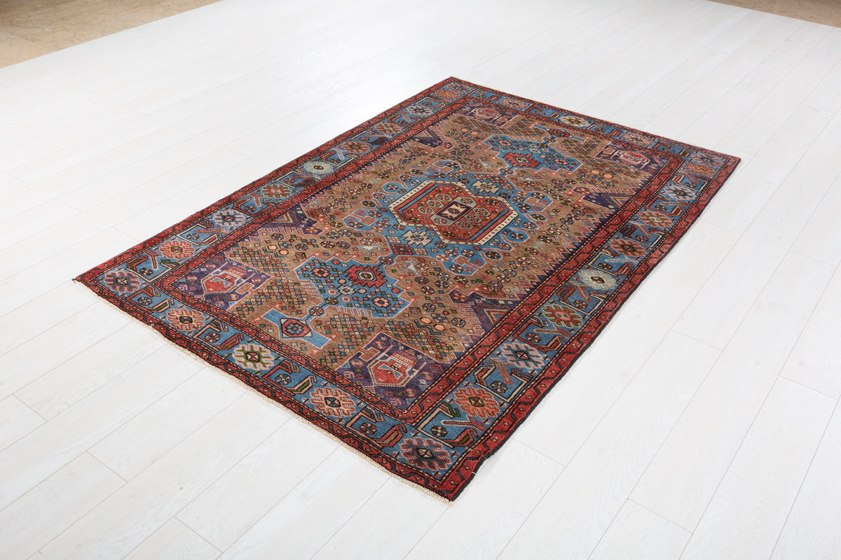 Collectible Vintage Brown, Turquoise Blue Geometric Medallion Area Rug – 6' 5" x 4' 4" (196 x 131 cm)