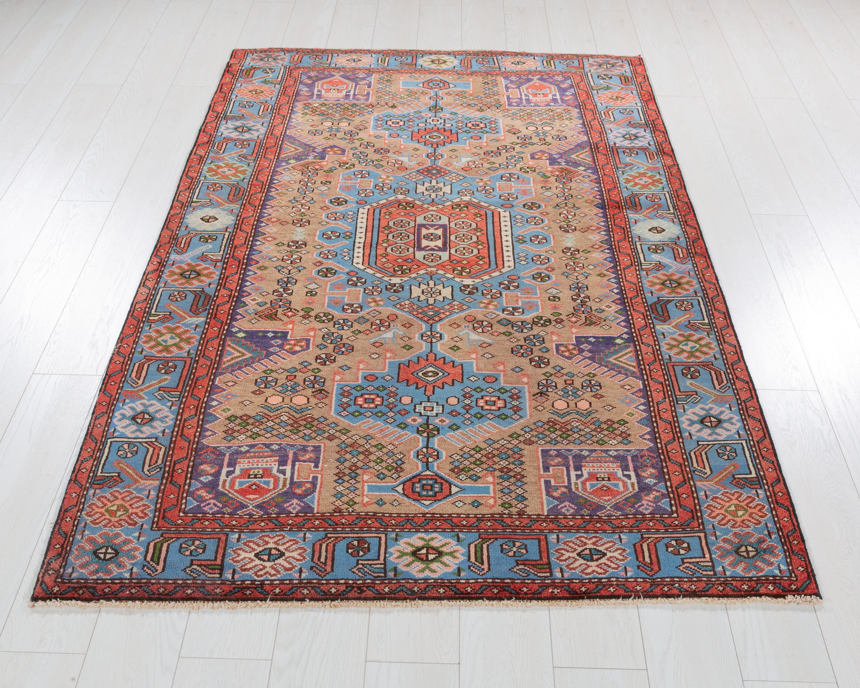 Collectible Vintage Brown, Turquoise Blue Geometric Medallion Area Rug – 6' 5" x 4' 4" (196 x 131 cm)