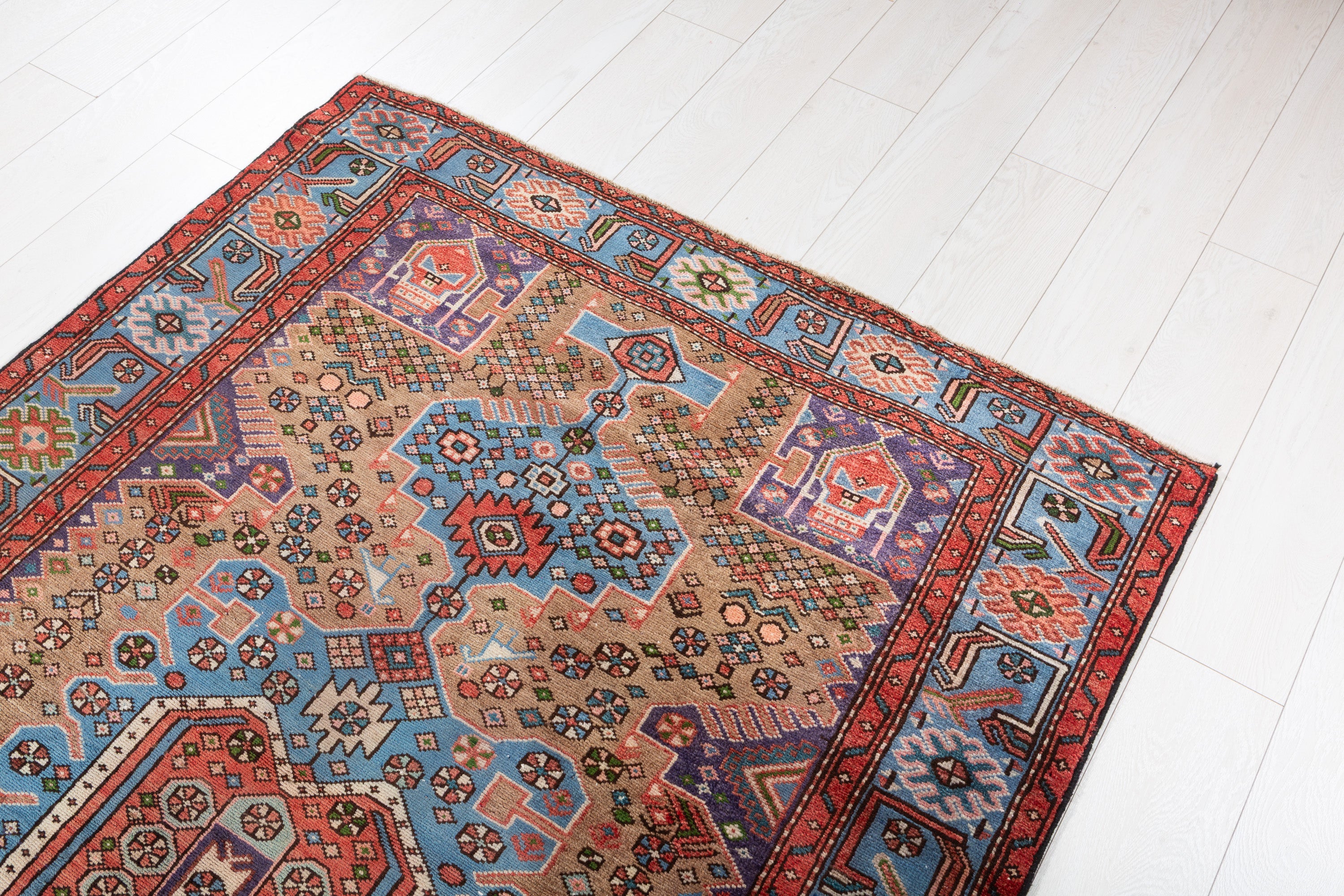 Collectible Vintage Brown, Turquoise Blue Geometric Medallion Area Rug – 6' 5" x 4' 4" (196 x 131 cm)