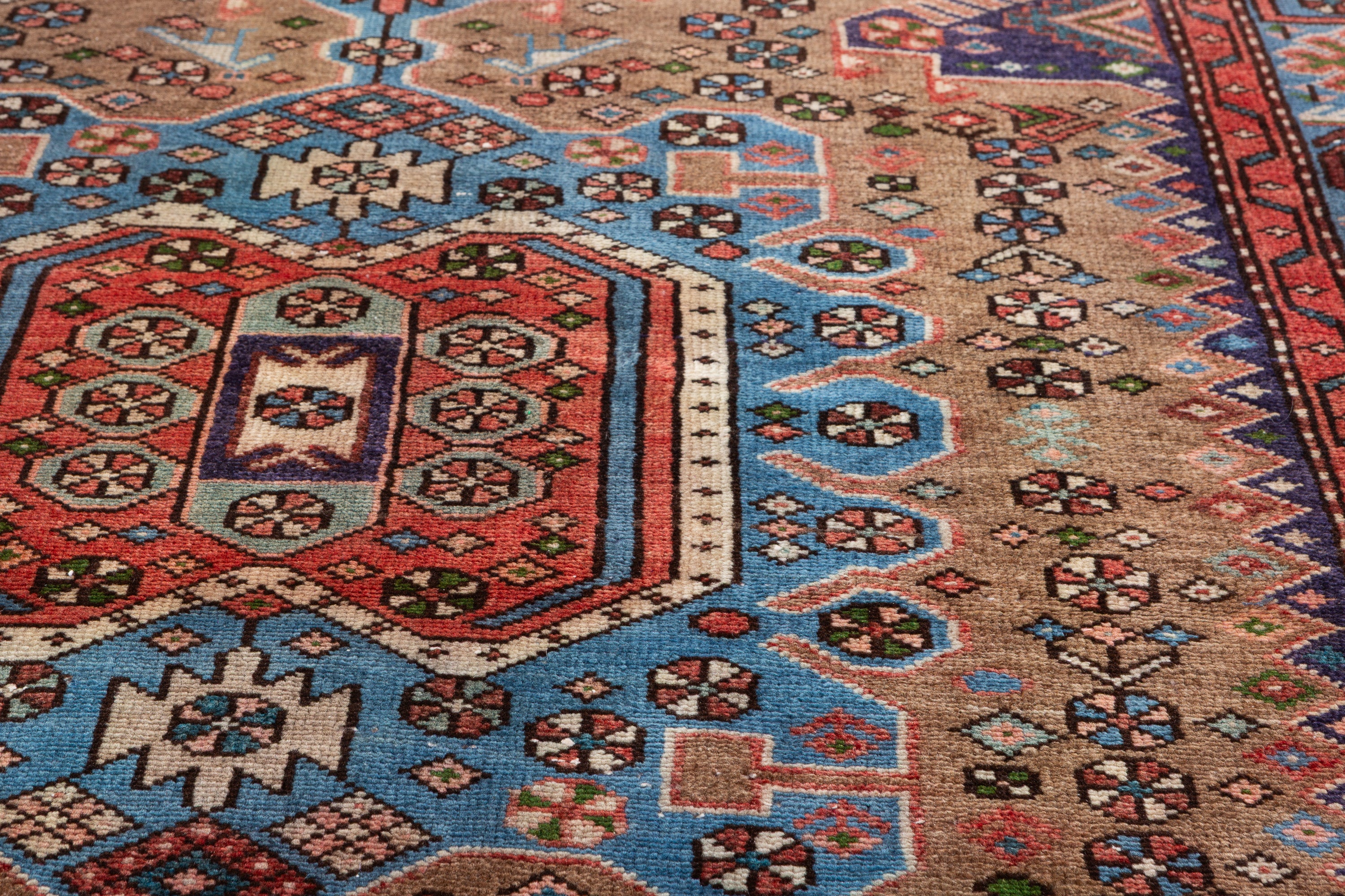 Collectible Vintage Brown, Turquoise Blue Geometric Medallion Area Rug – 6' 5" x 4' 4" (196 x 131 cm)