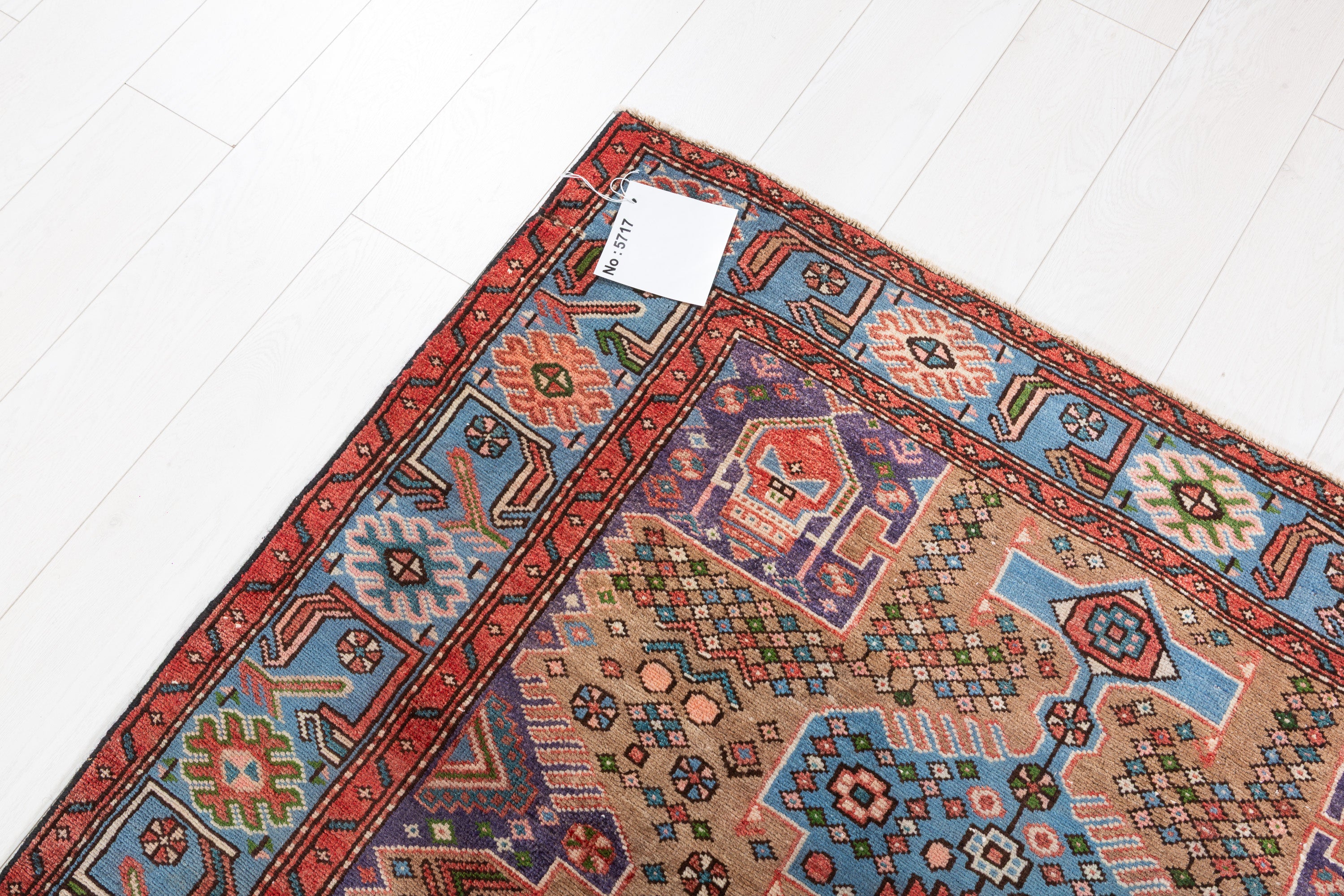 Collectible Vintage Brown, Turquoise Blue Geometric Medallion Area Rug – 6' 5" x 4' 4" (196 x 131 cm)
