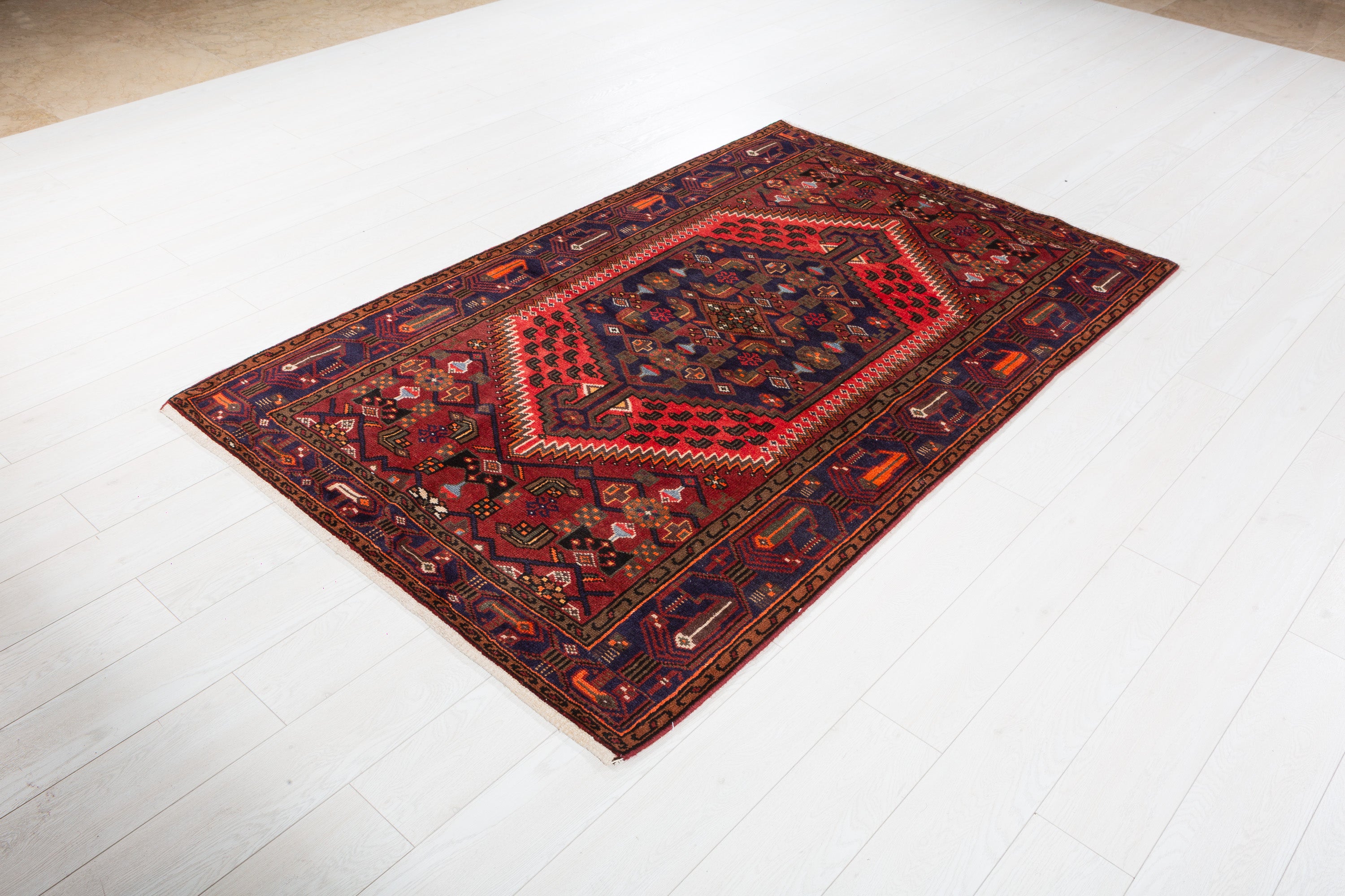 Collectible Vintage Navy Blue, Coral Geometric Medallion Area Rug – 6' 8" x 4' 2" (202 x 127 cm)
