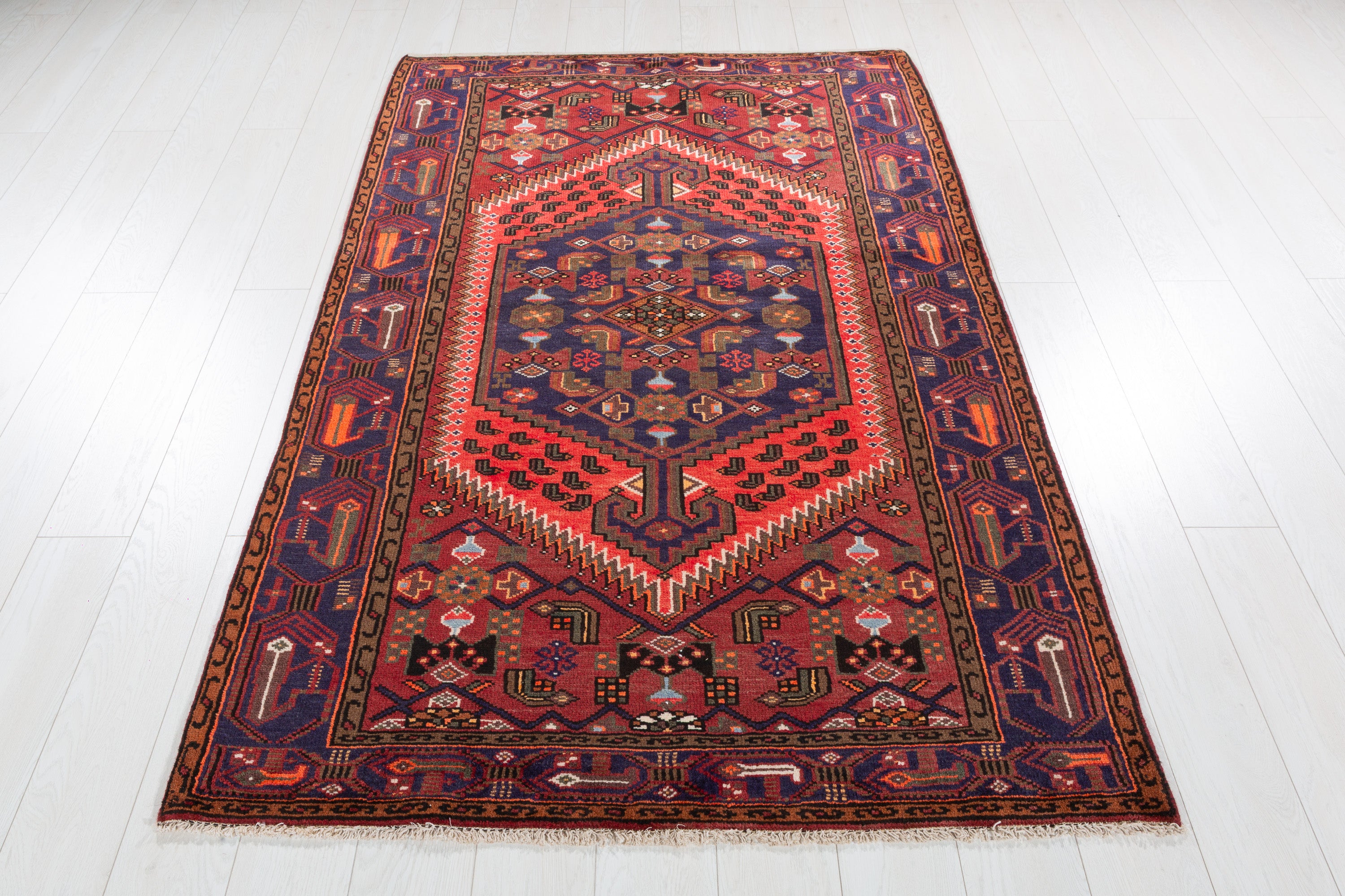 Collectible Vintage Navy Blue, Coral Geometric Medallion Area Rug – 6' 8" x 4' 2" (202 x 127 cm)