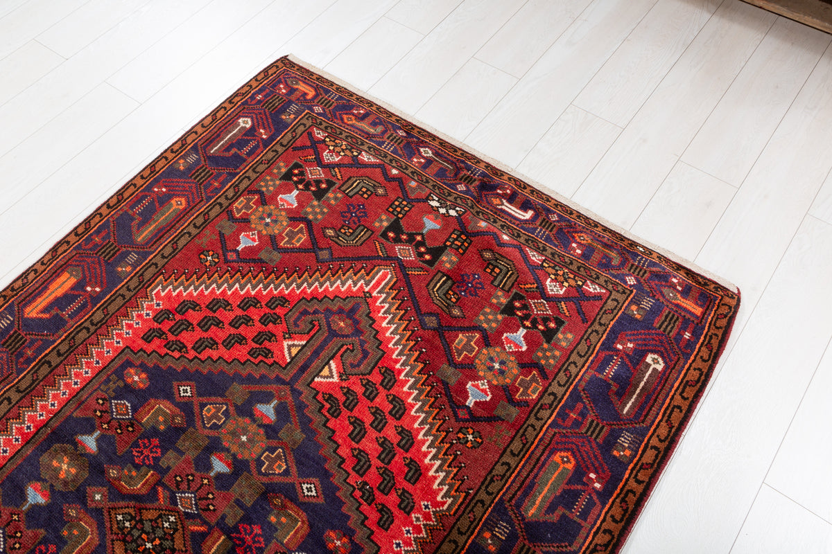 Collectible Vintage Navy Blue, Coral Geometric Medallion Area Rug – 6' 8" x 4' 2" (202 x 127 cm)