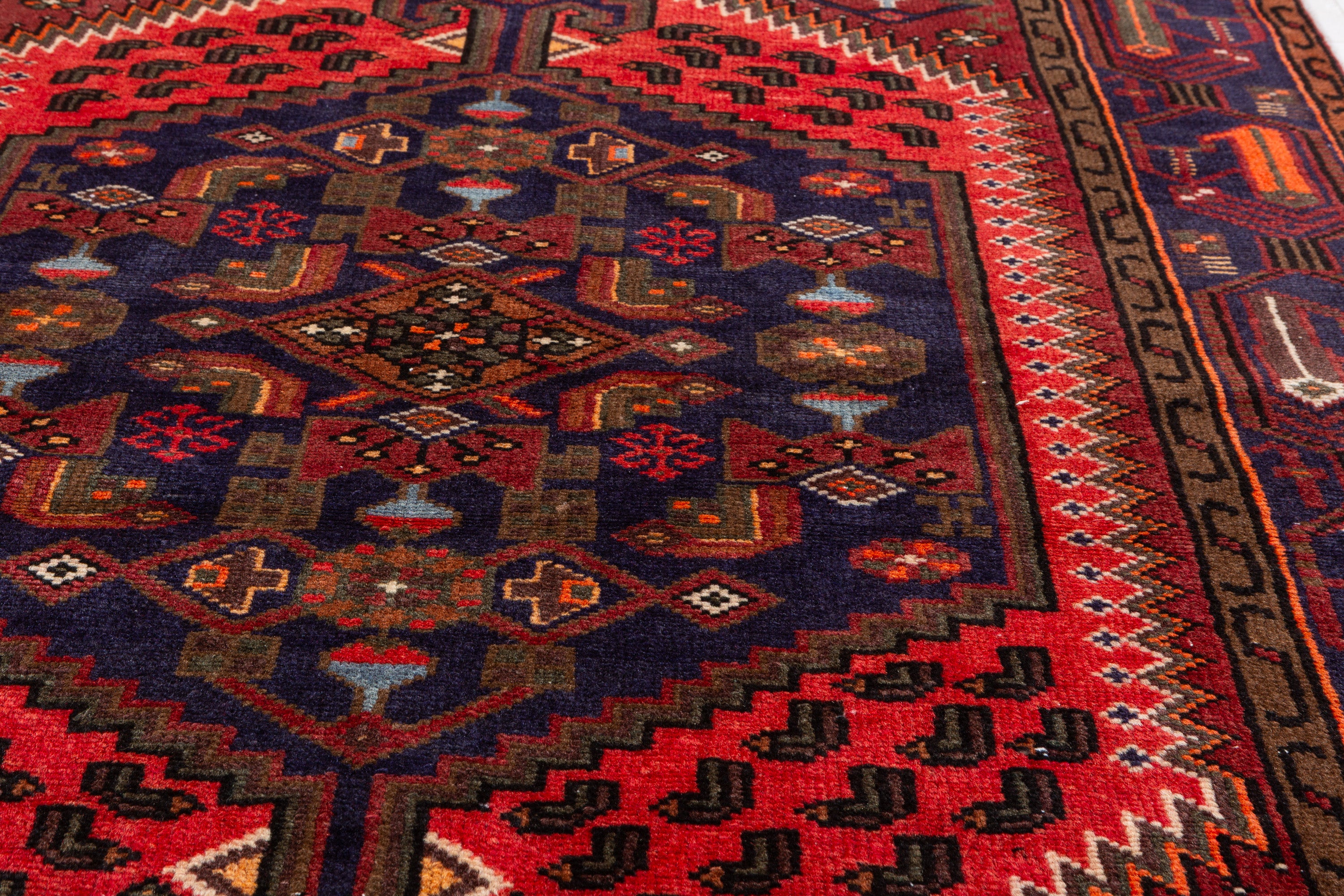 Collectible Vintage Navy Blue, Coral Geometric Medallion Area Rug – 6' 8" x 4' 2" (202 x 127 cm)