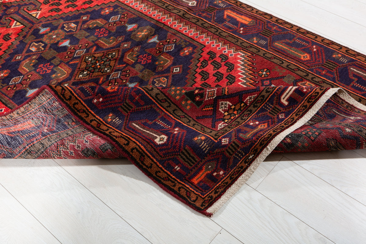Collectible Vintage Navy Blue, Coral Geometric Medallion Area Rug – 6' 8" x 4' 2" (202 x 127 cm)