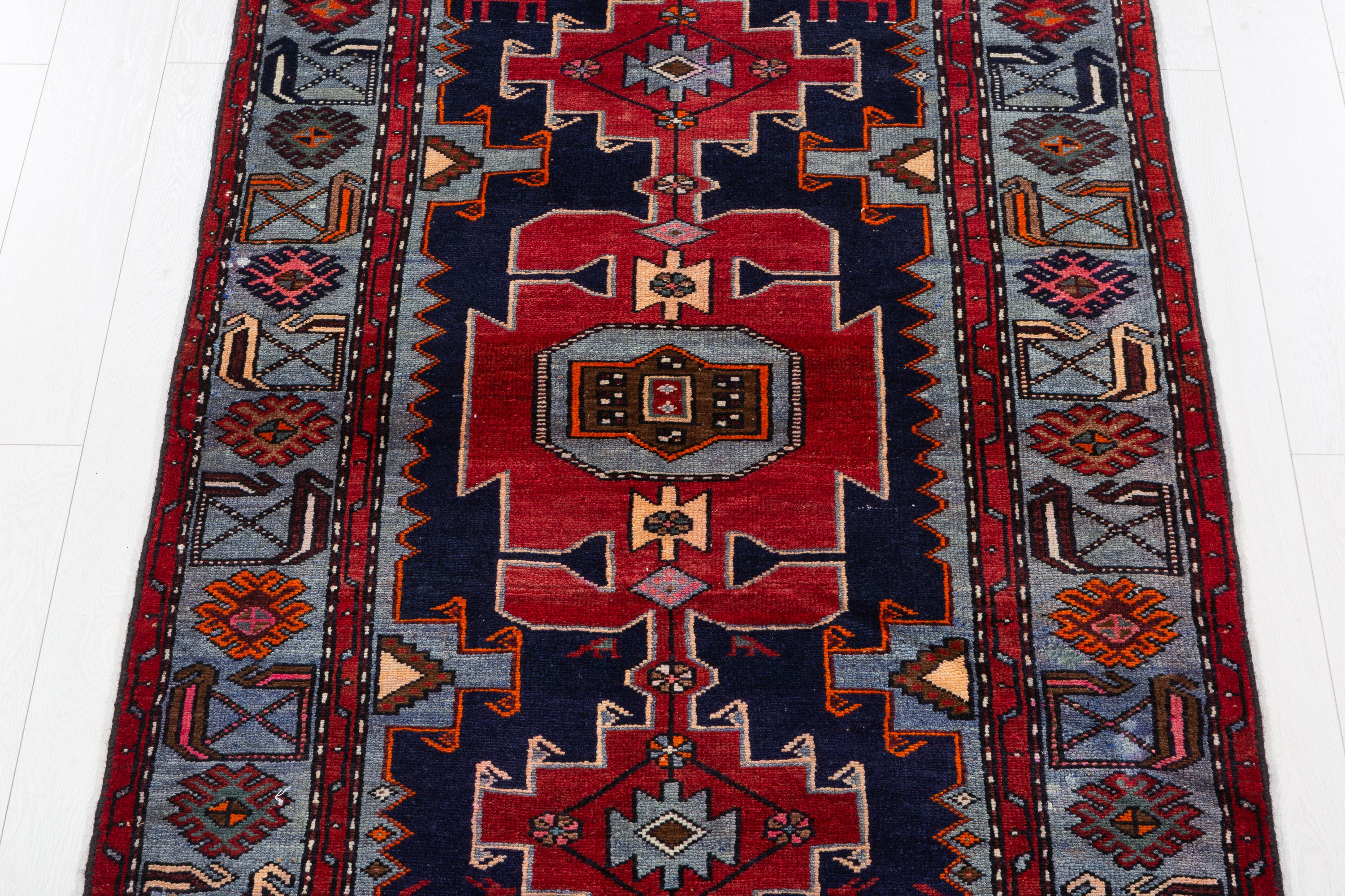 Collectible Vintage Red, Navy Blue Triple Medallion Area Rug – 7' 4" x 3' 9" (224 x 115 cm)