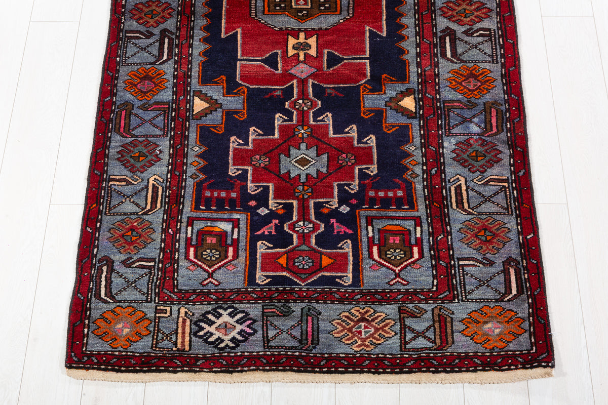 Collectible Vintage Red, Navy Blue Triple Medallion Area Rug – 7' 4" x 3' 9" (224 x 115 cm)