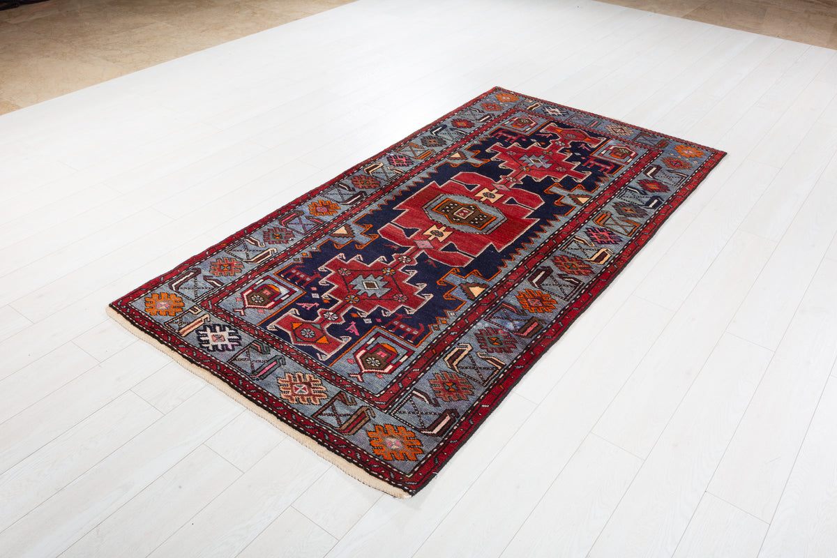 Collectible Vintage Red, Navy Blue Triple Medallion Area Rug – 7' 4" x 3' 9" (224 x 115 cm)