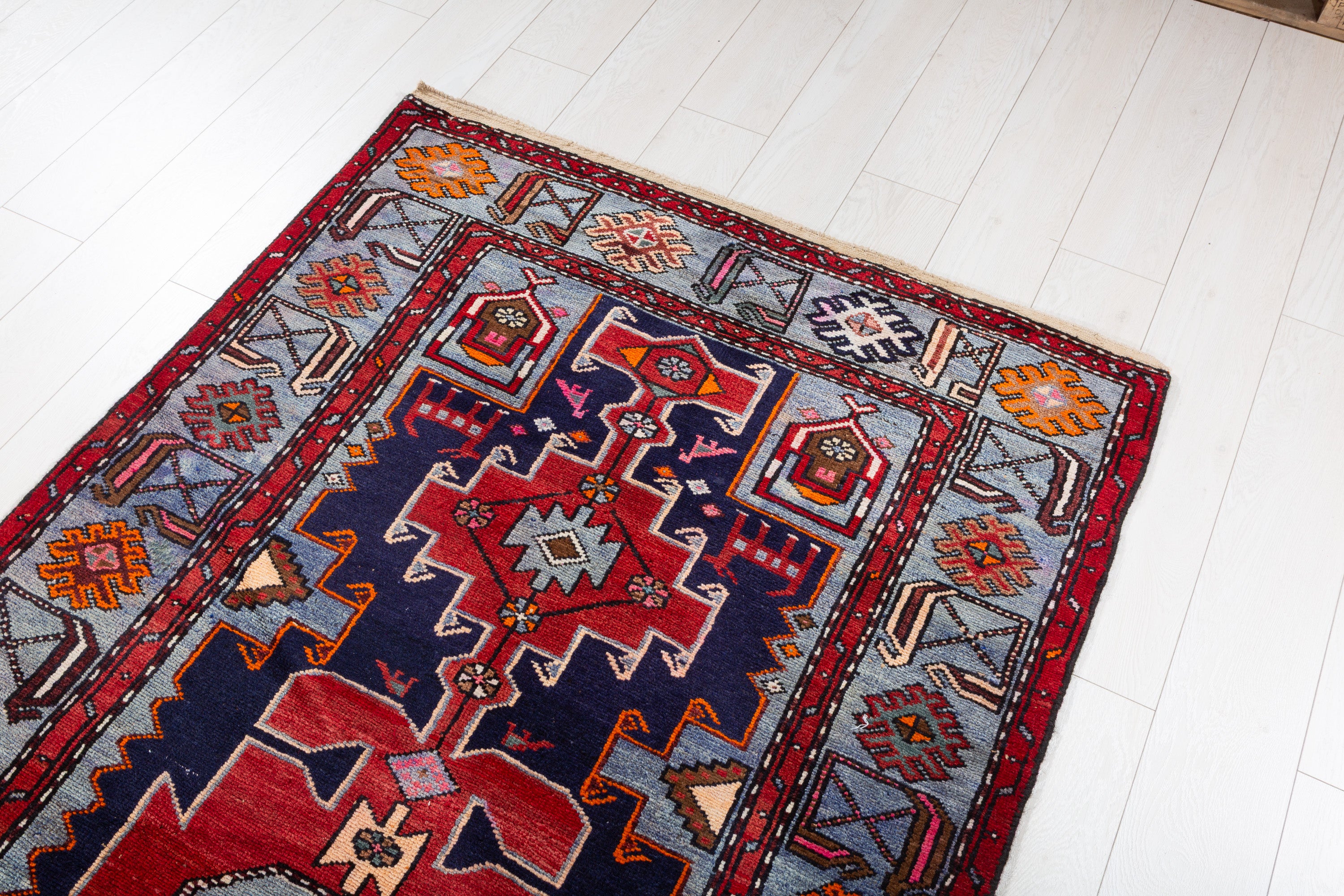 Collectible Vintage Red, Navy Blue Triple Medallion Area Rug – 7' 4" x 3' 9" (224 x 115 cm)