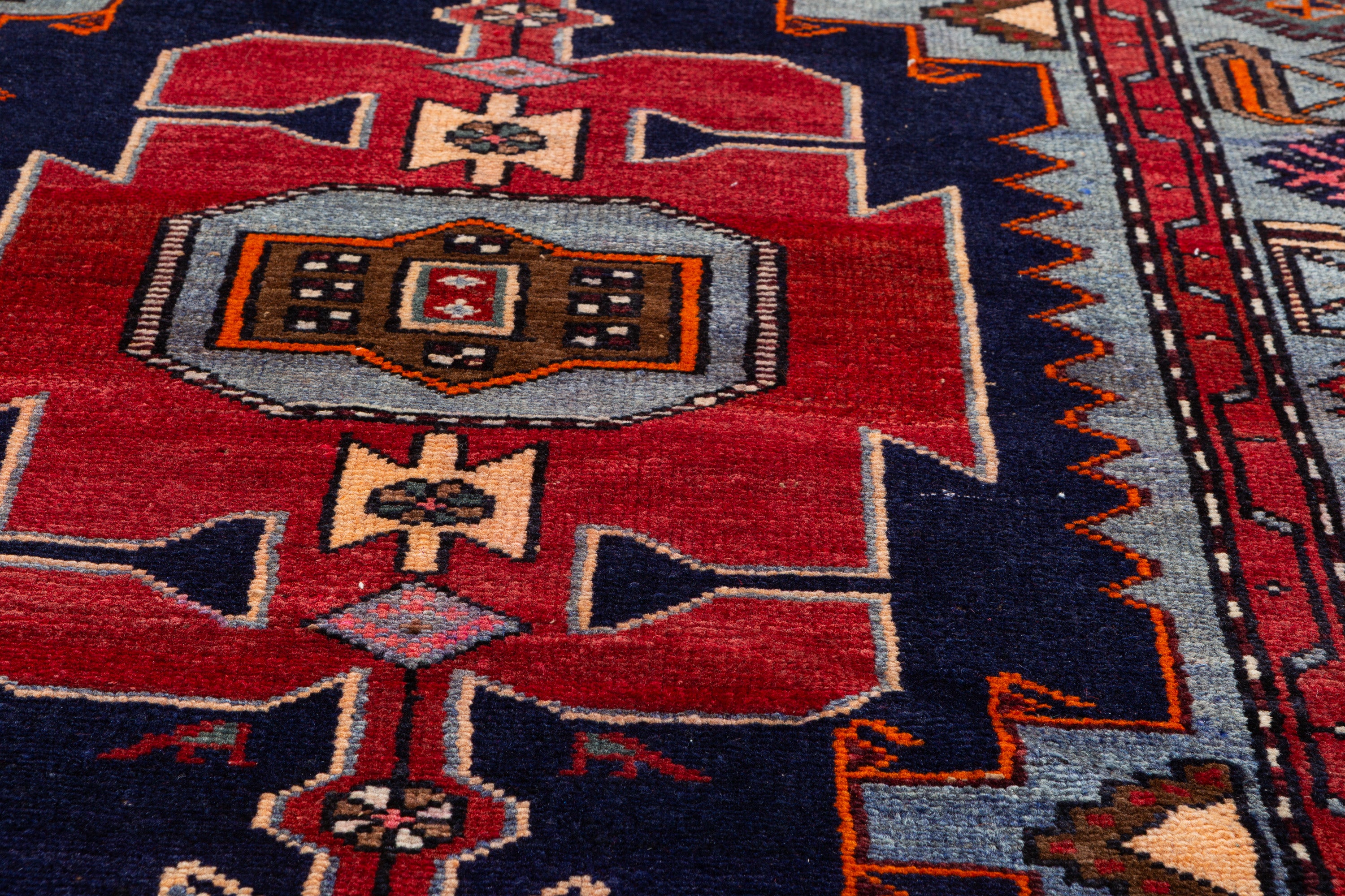 Collectible Vintage Red, Navy Blue Triple Medallion Area Rug – 7' 4" x 3' 9" (224 x 115 cm)