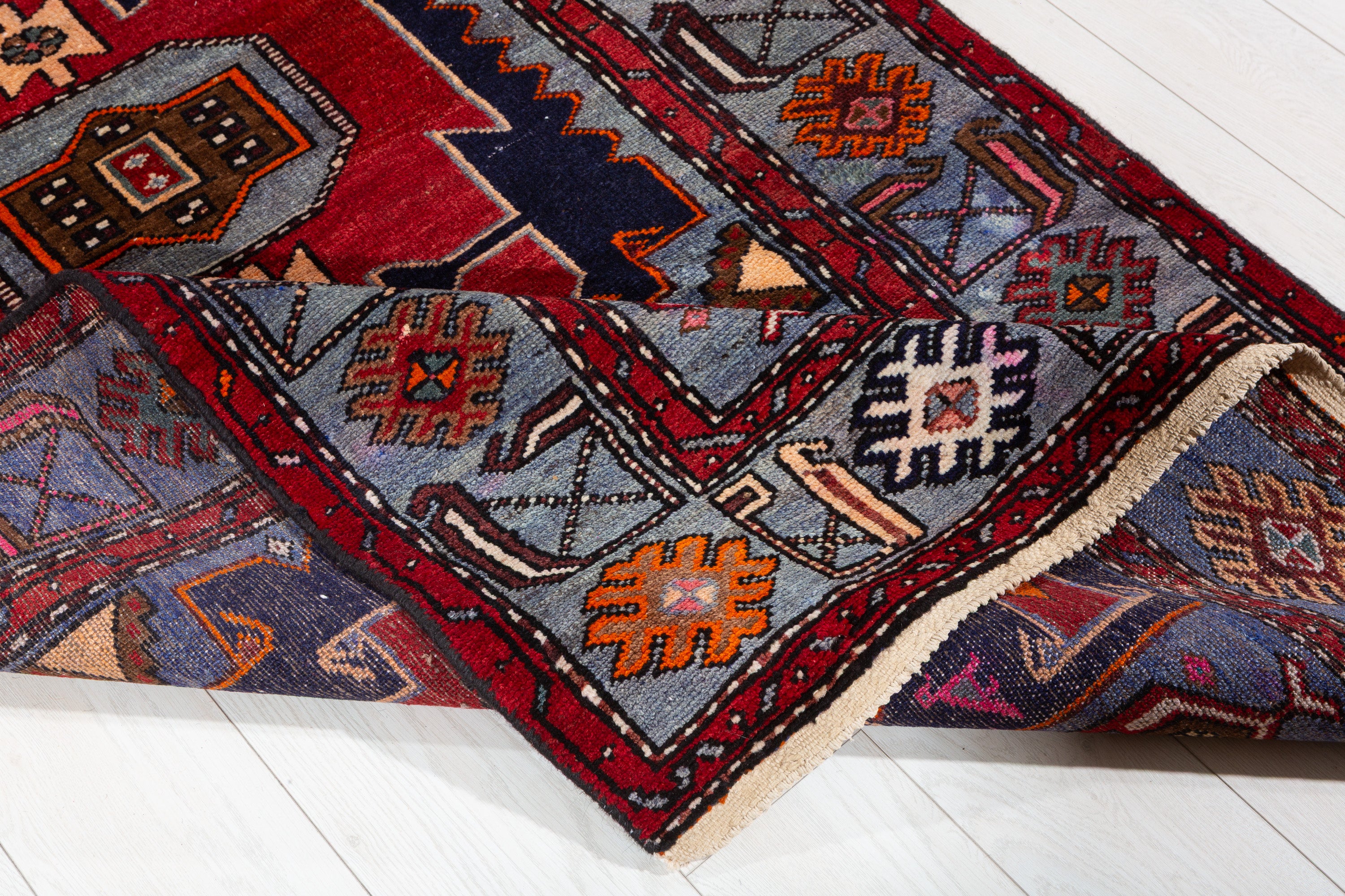 Collectible Vintage Red, Navy Blue Triple Medallion Area Rug – 7' 4" x 3' 9" (224 x 115 cm)