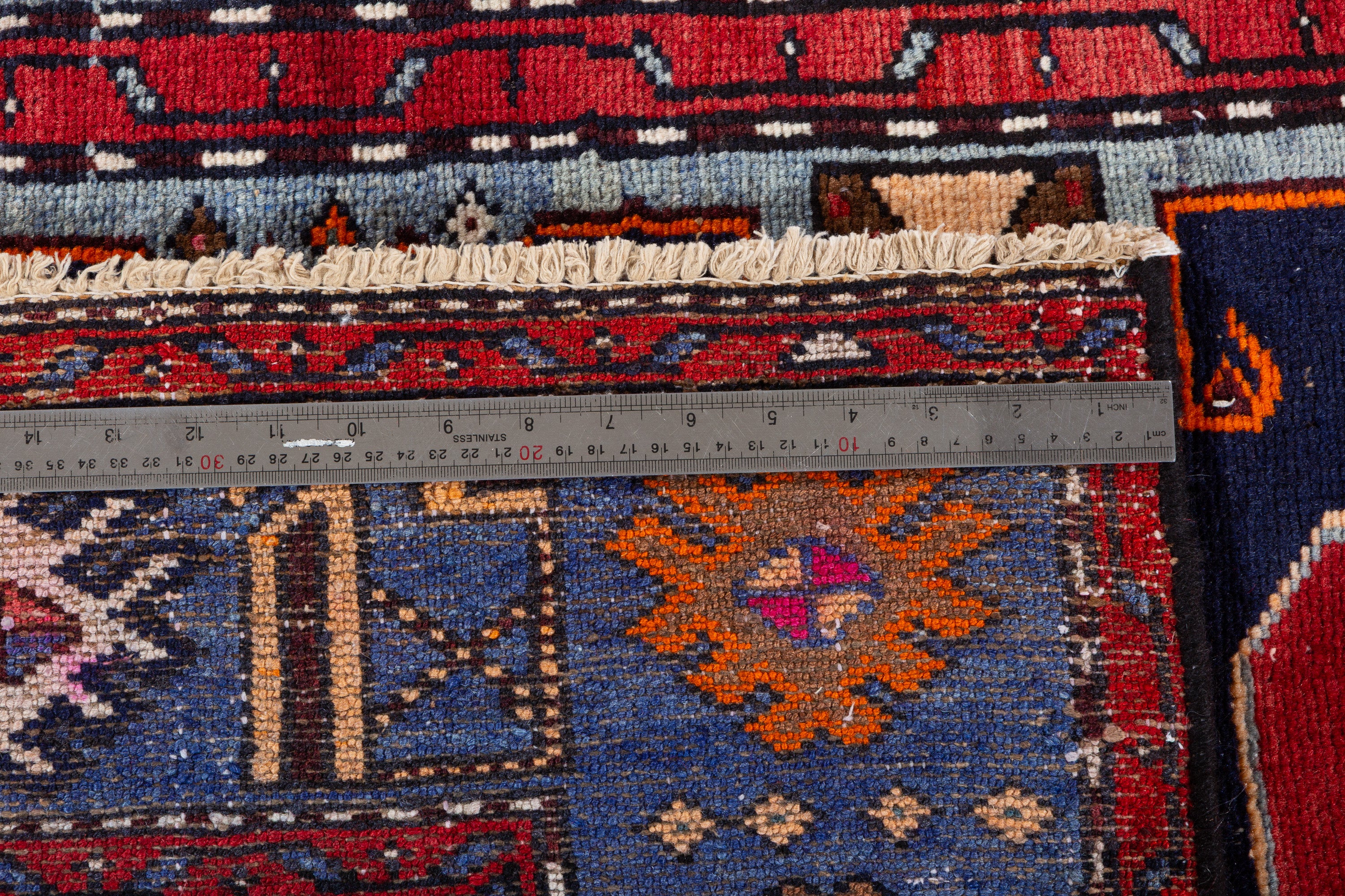 Collectible Vintage Red, Navy Blue Triple Medallion Area Rug – 7' 4" x 3' 9" (224 x 115 cm)