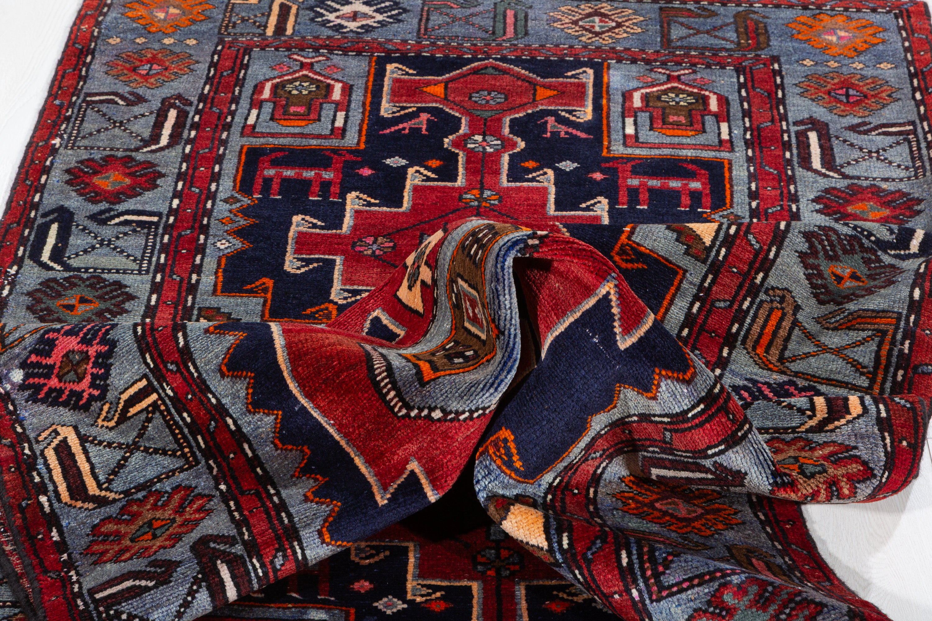 Collectible Vintage Red, Navy Blue Triple Medallion Area Rug – 7' 4" x 3' 9" (224 x 115 cm)