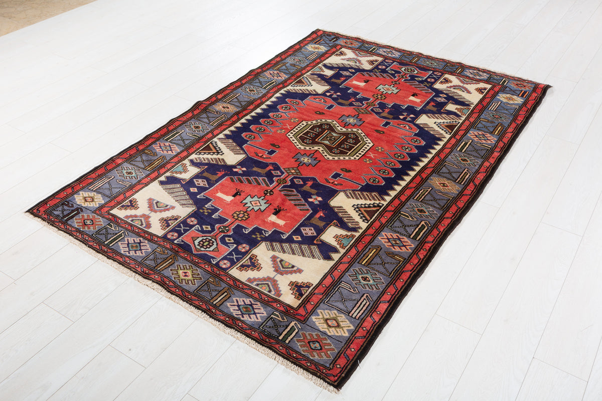 Collectible Vintage Coral, Navy Blue Geometric Medallion Area Rug – 6' 9" x 4' 5" (205 x 135 cm)