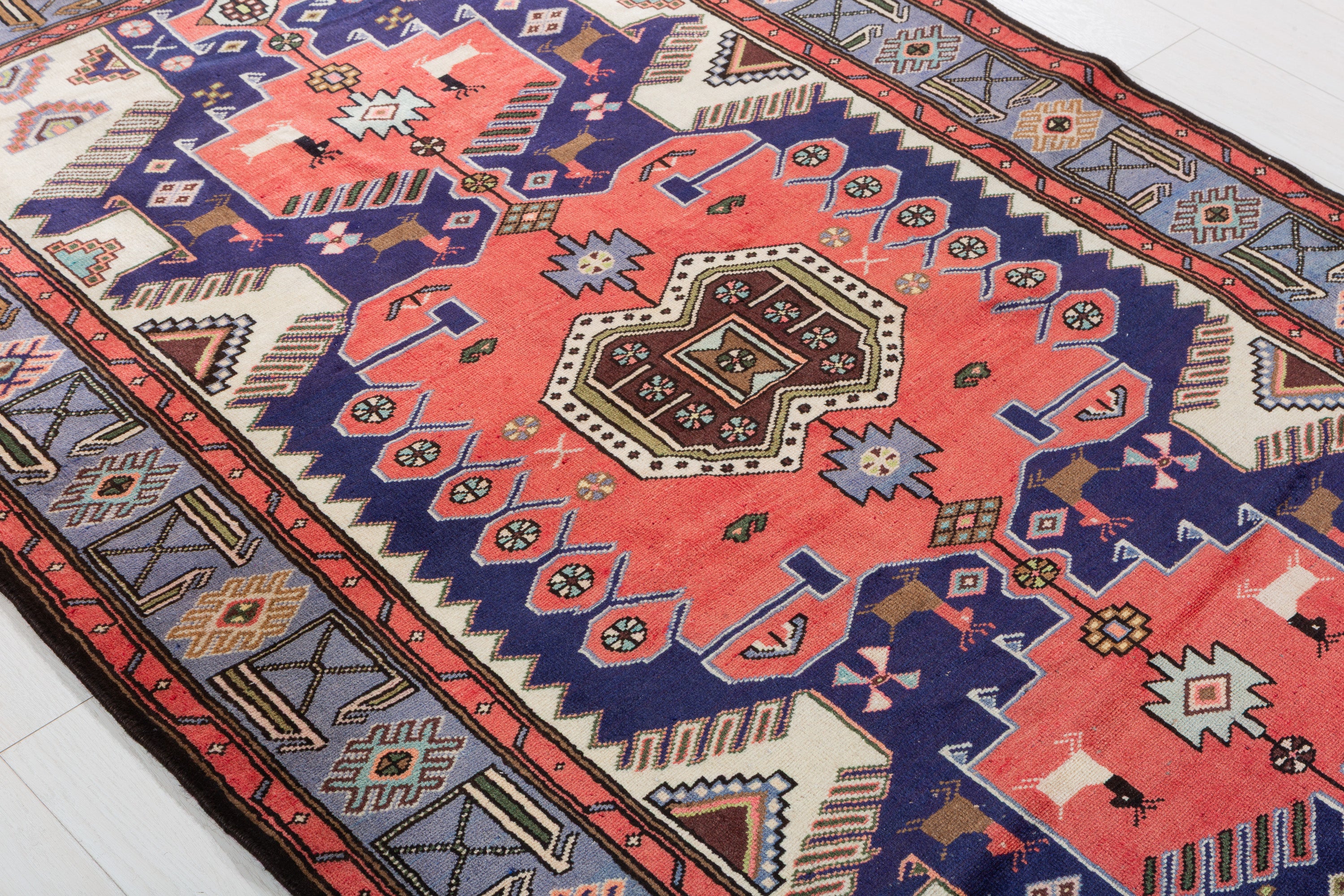 Collectible Vintage Coral, Navy Blue Geometric Medallion Area Rug – 6' 9" x 4' 5" (205 x 135 cm)