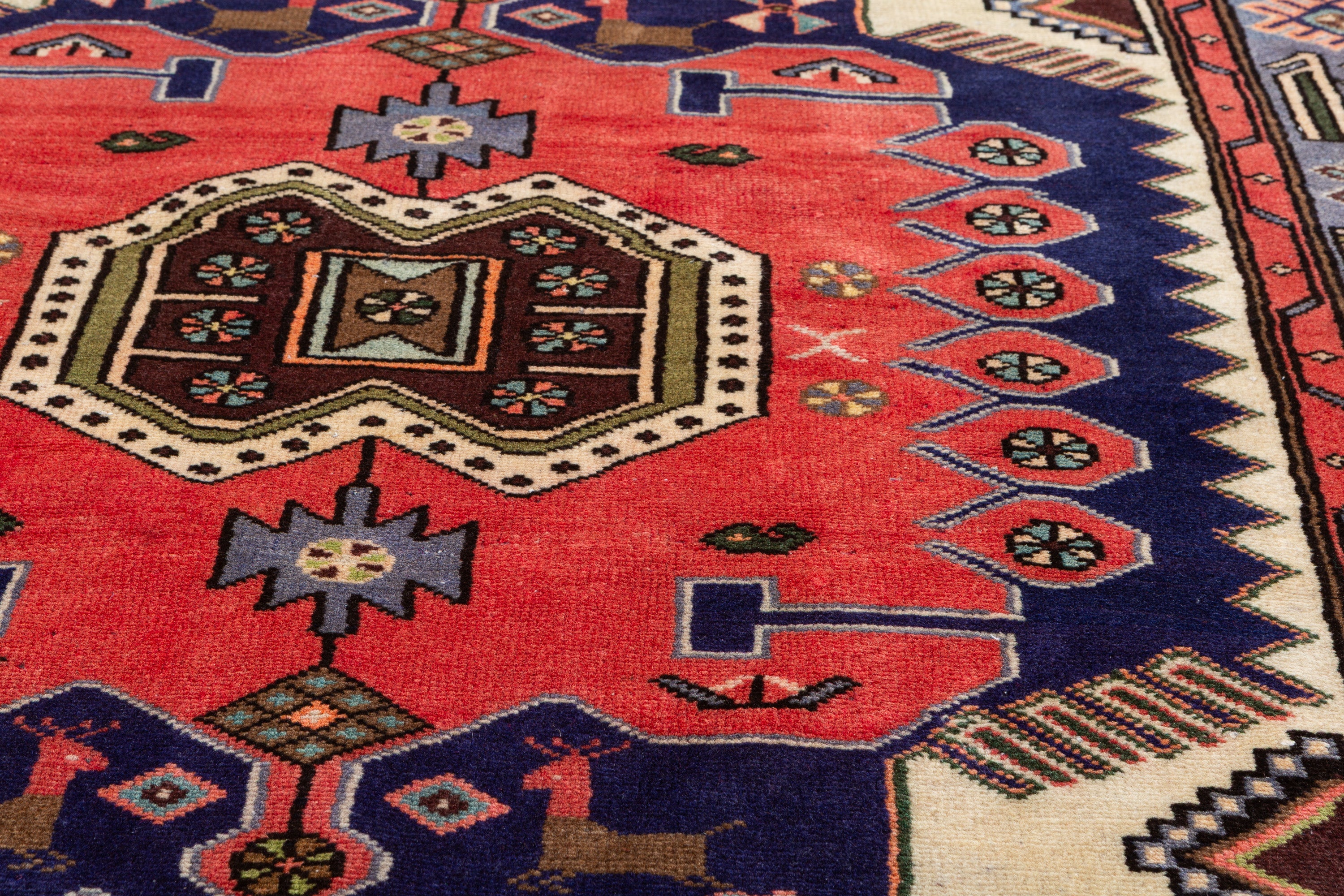 Collectible Vintage Coral, Navy Blue Geometric Medallion Area Rug – 6' 9" x 4' 5" (205 x 135 cm)