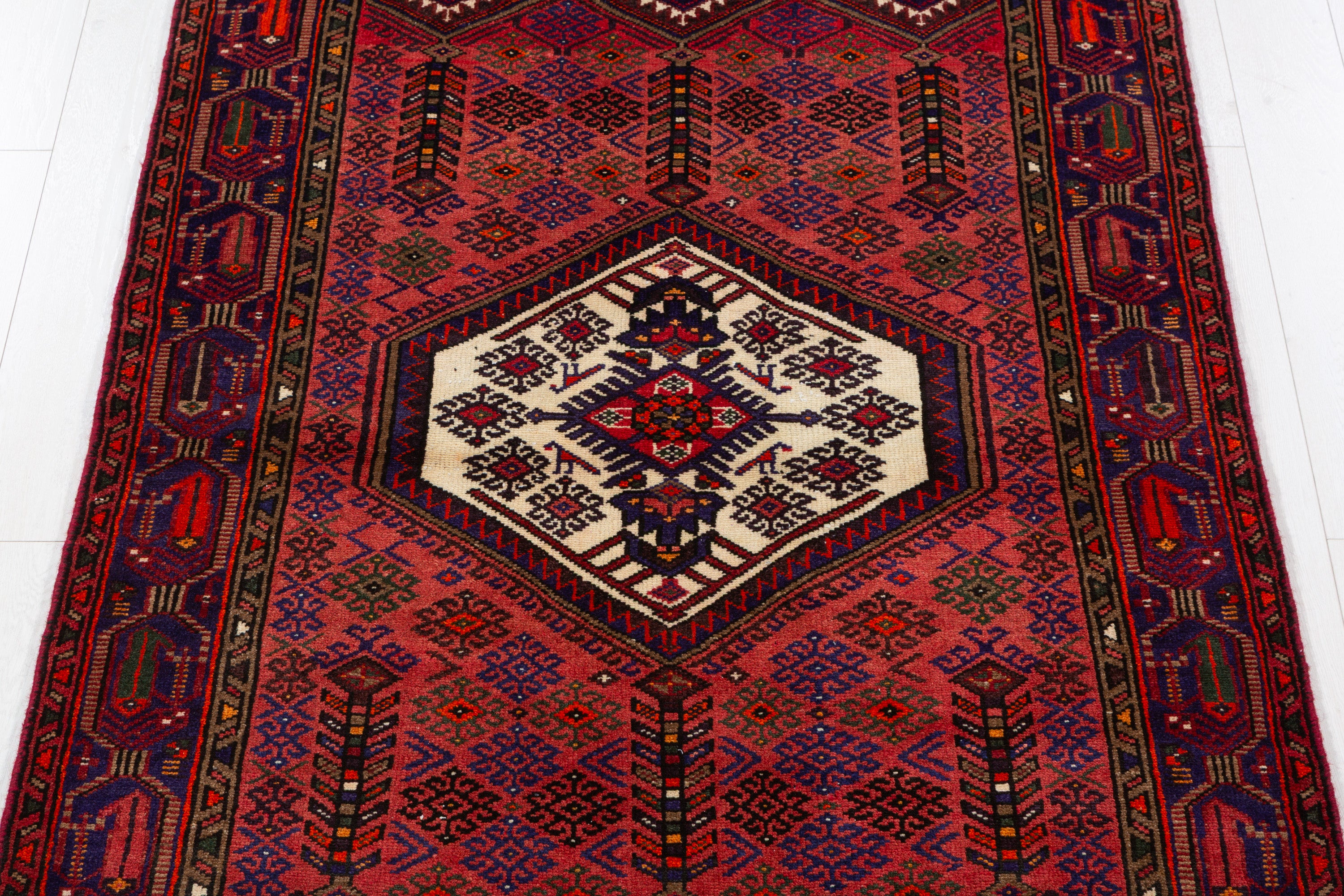 Vintage Rust Red & Navy Blue Geometric Area Rug – 6' 11" x 4' 2" (211 x 128 cm)