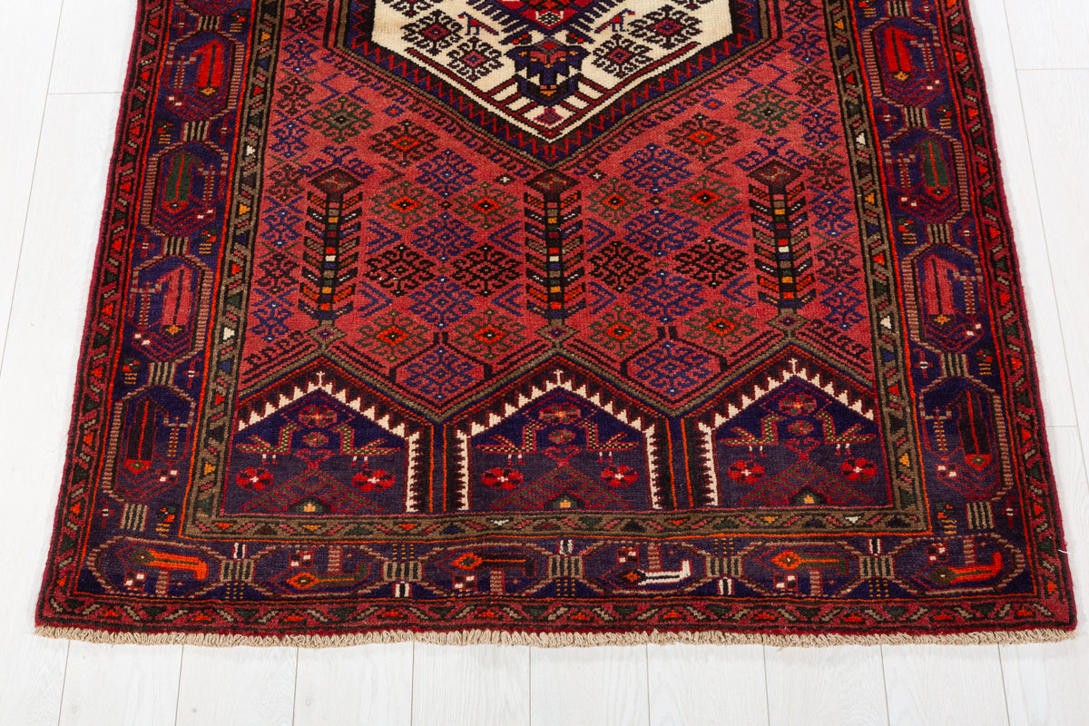 Vintage Rust Red & Navy Blue Geometric Area Rug – 6' 11" x 4' 2" (211 x 128 cm)