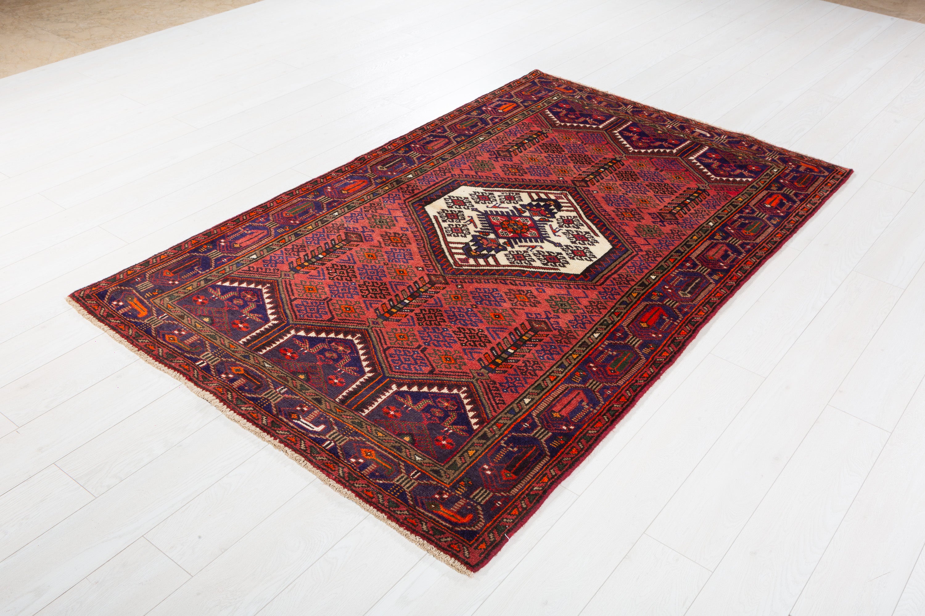 Vintage Rust Red & Navy Blue Geometric Area Rug – 6' 11" x 4' 2" (211 x 128 cm)