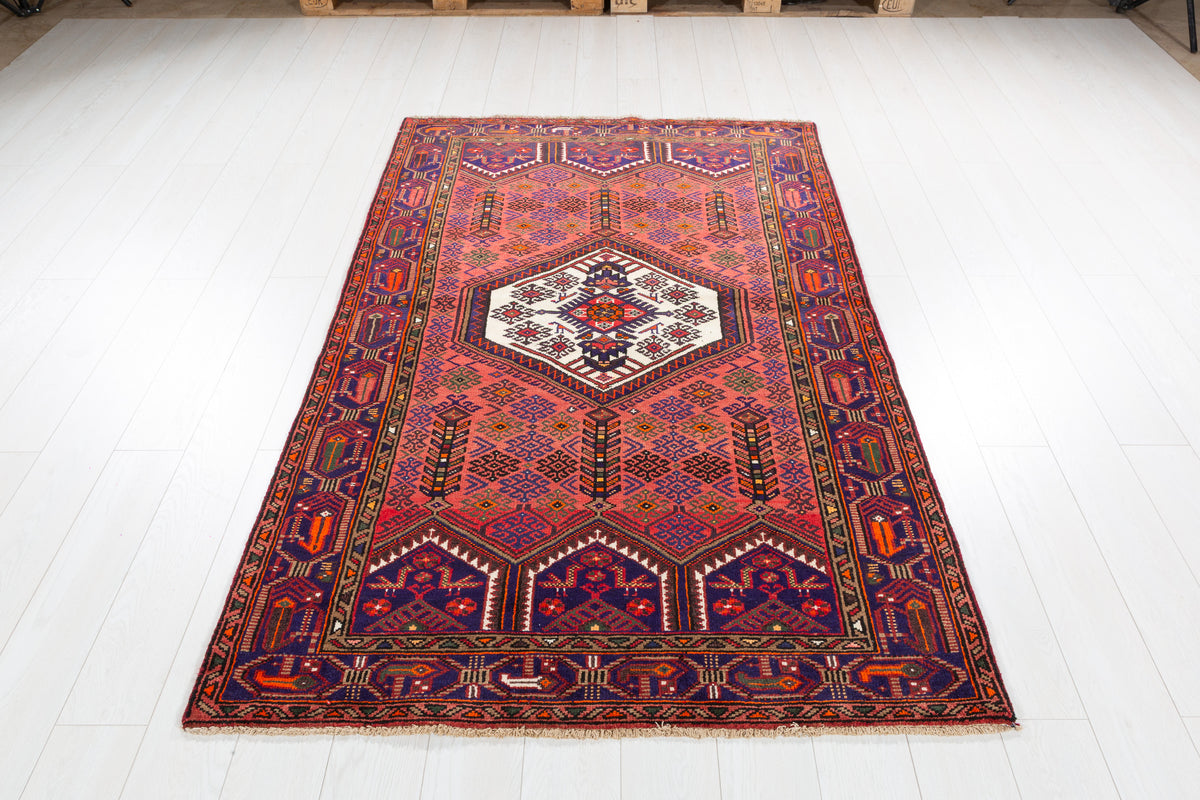 Vintage Rust Red & Navy Blue Geometric Area Rug – 6' 11" x 4' 2" (211 x 128 cm)