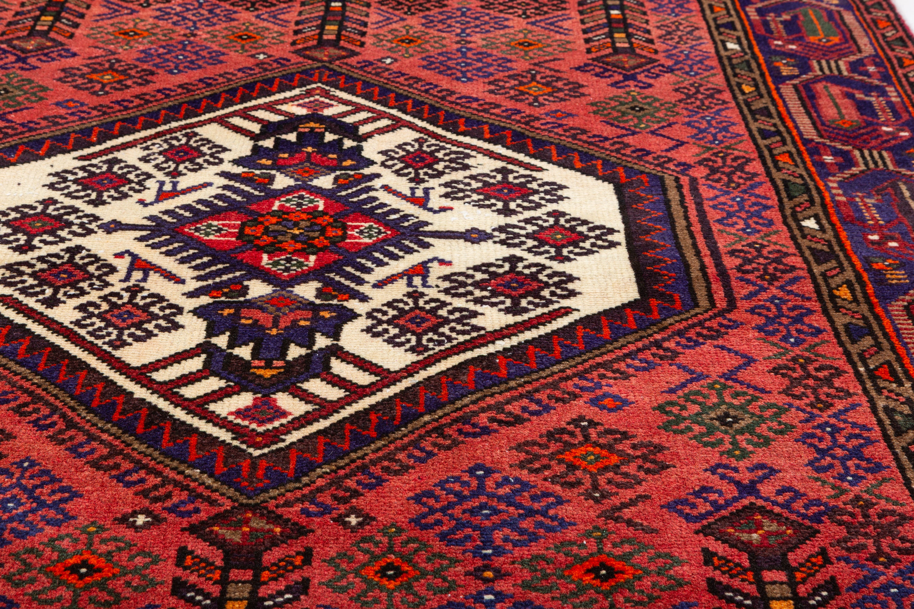 Vintage Rust Red & Navy Blue Geometric Area Rug – 6' 11" x 4' 2" (211 x 128 cm)