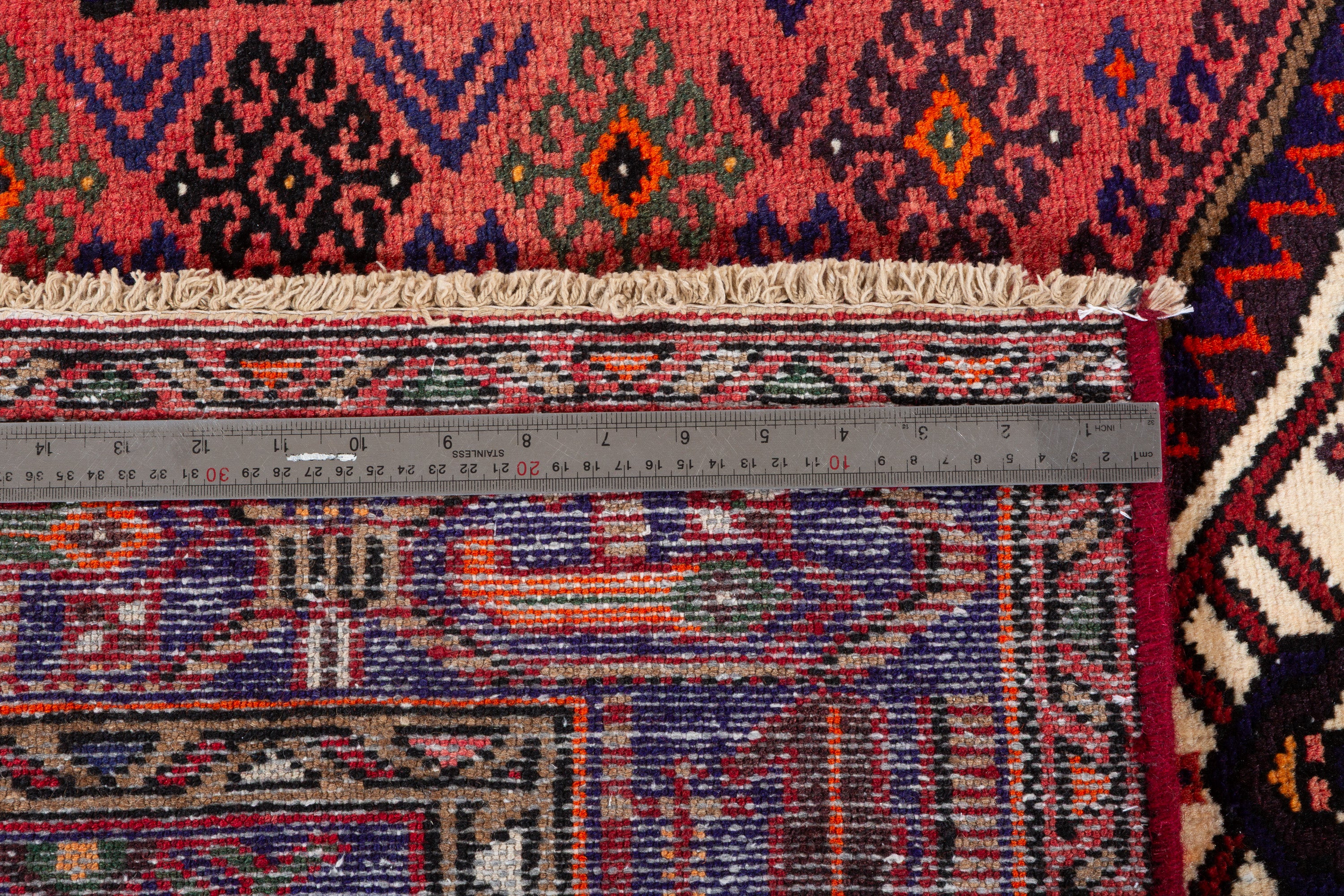 Vintage Rust Red & Navy Blue Geometric Area Rug – 6' 11" x 4' 2" (211 x 128 cm)