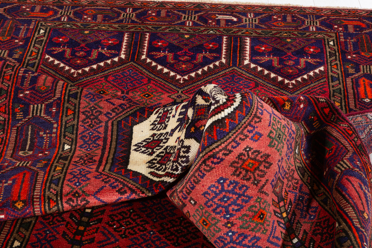 Vintage Rust Red & Navy Blue Geometric Area Rug – 6' 11" x 4' 2" (211 x 128 cm)