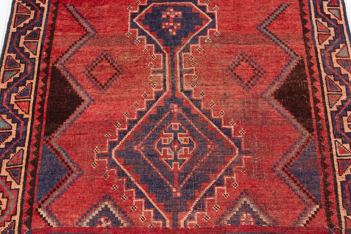 Collectible Vintage Rust Red, Navy Blue Abstract Geometric Square Rug – 4' 2" x 4' 3" (127 x 130 cm)