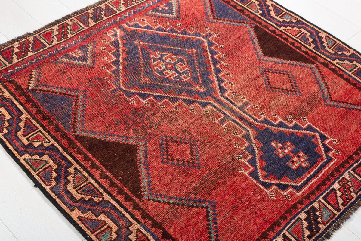 Collectible Vintage Rust Red, Navy Blue Abstract Geometric Square Rug – 4' 2" x 4' 3" (127 x 130 cm)