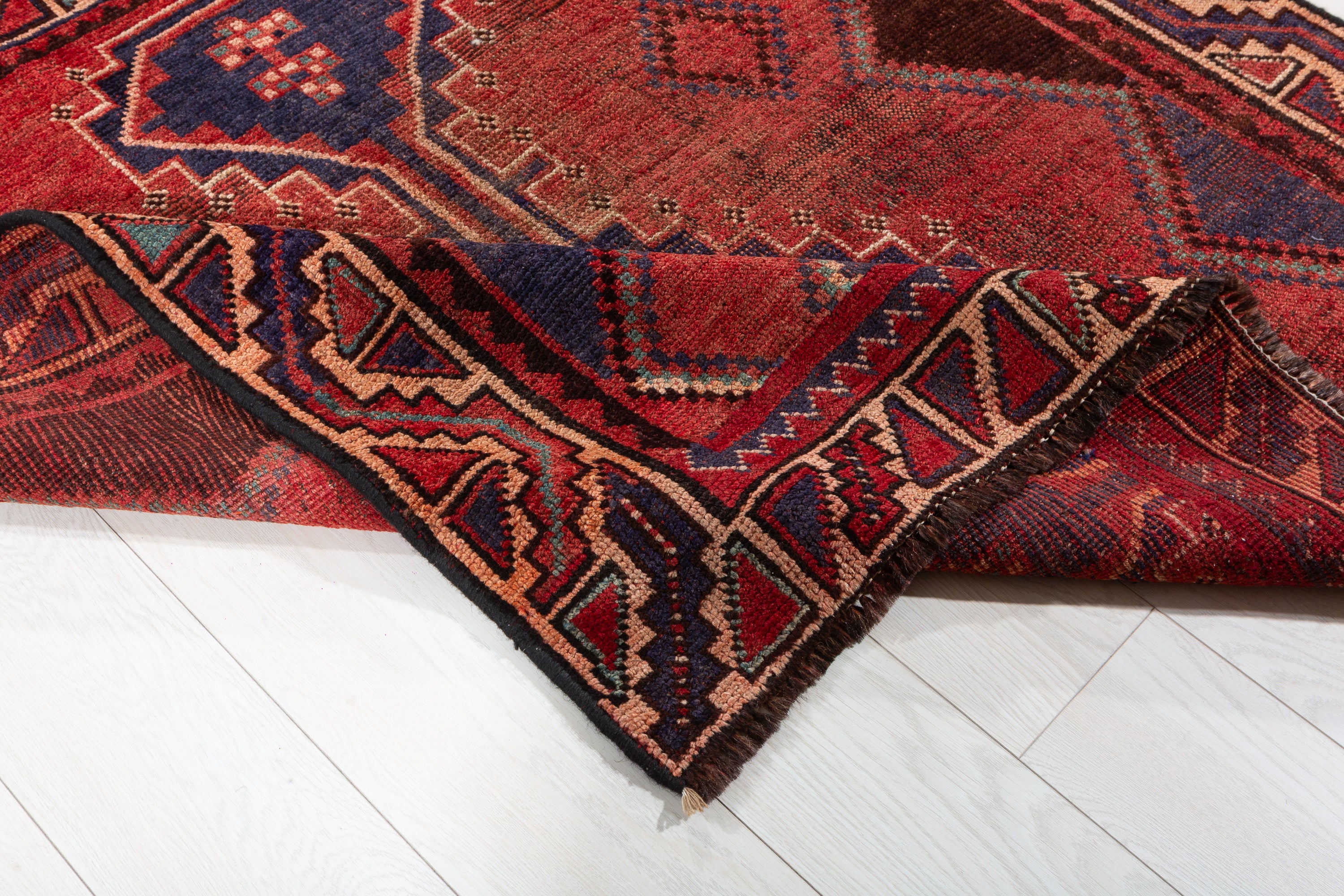 Collectible Vintage Rust Red, Navy Blue Abstract Geometric Square Rug – 4' 2" x 4' 3" (127 x 130 cm)