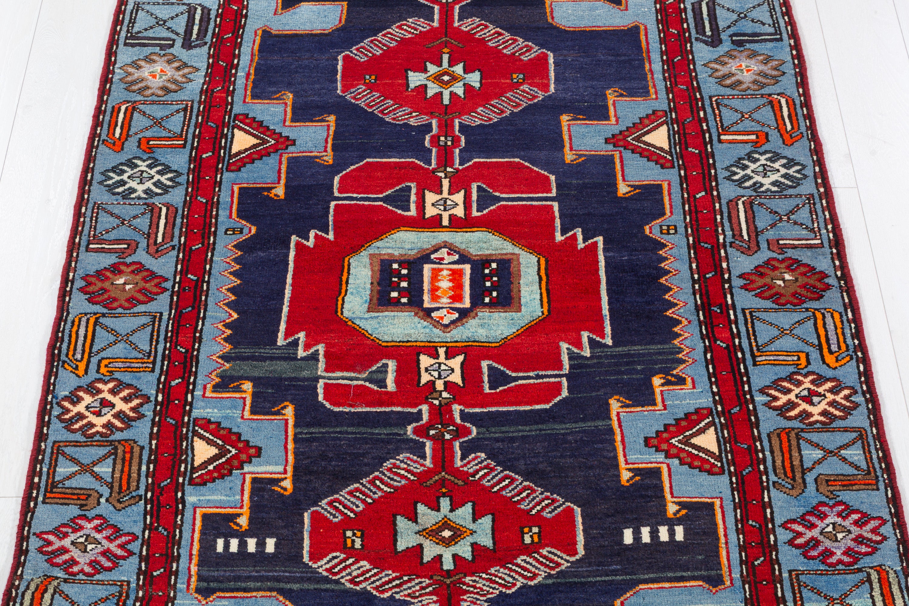 Collectible Vintage Red, Navy Blue Triple Medallion Area Rug – 7' 1" x 4' 2" (216 x 127 cm)