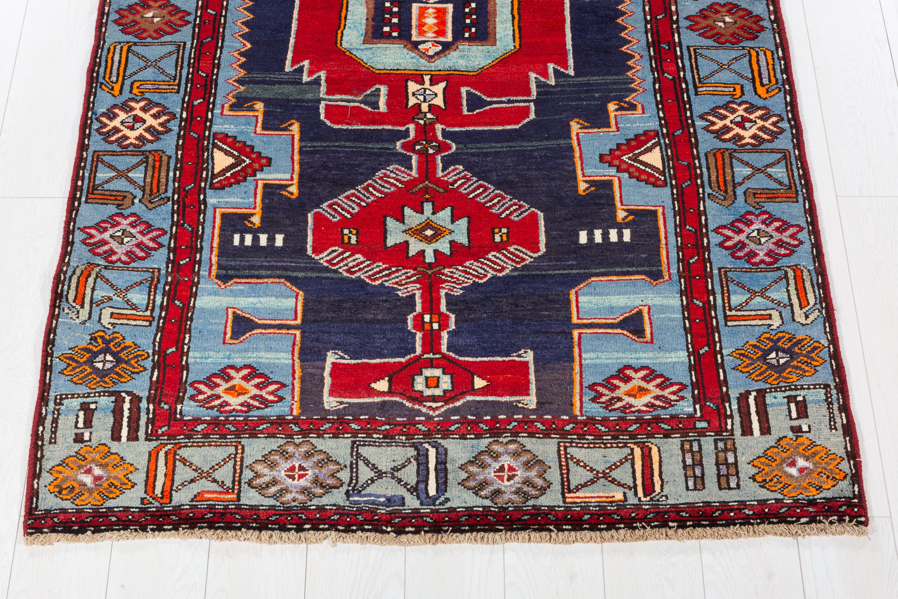 Collectible Vintage Red, Navy Blue Triple Medallion Area Rug – 7' 1" x 4' 2" (216 x 127 cm)