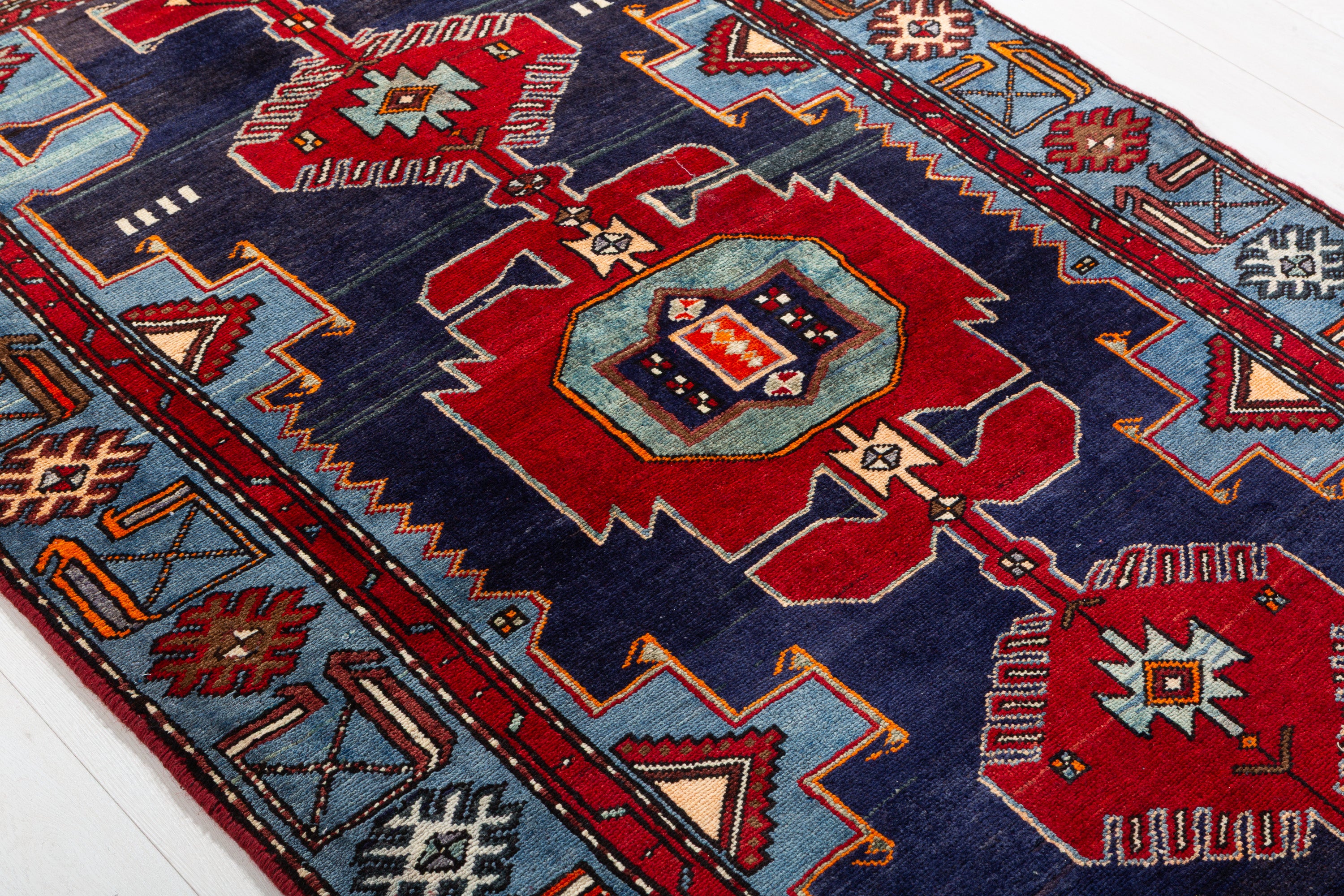 Collectible Vintage Red, Navy Blue Triple Medallion Area Rug – 7' 1" x 4' 2" (216 x 127 cm)