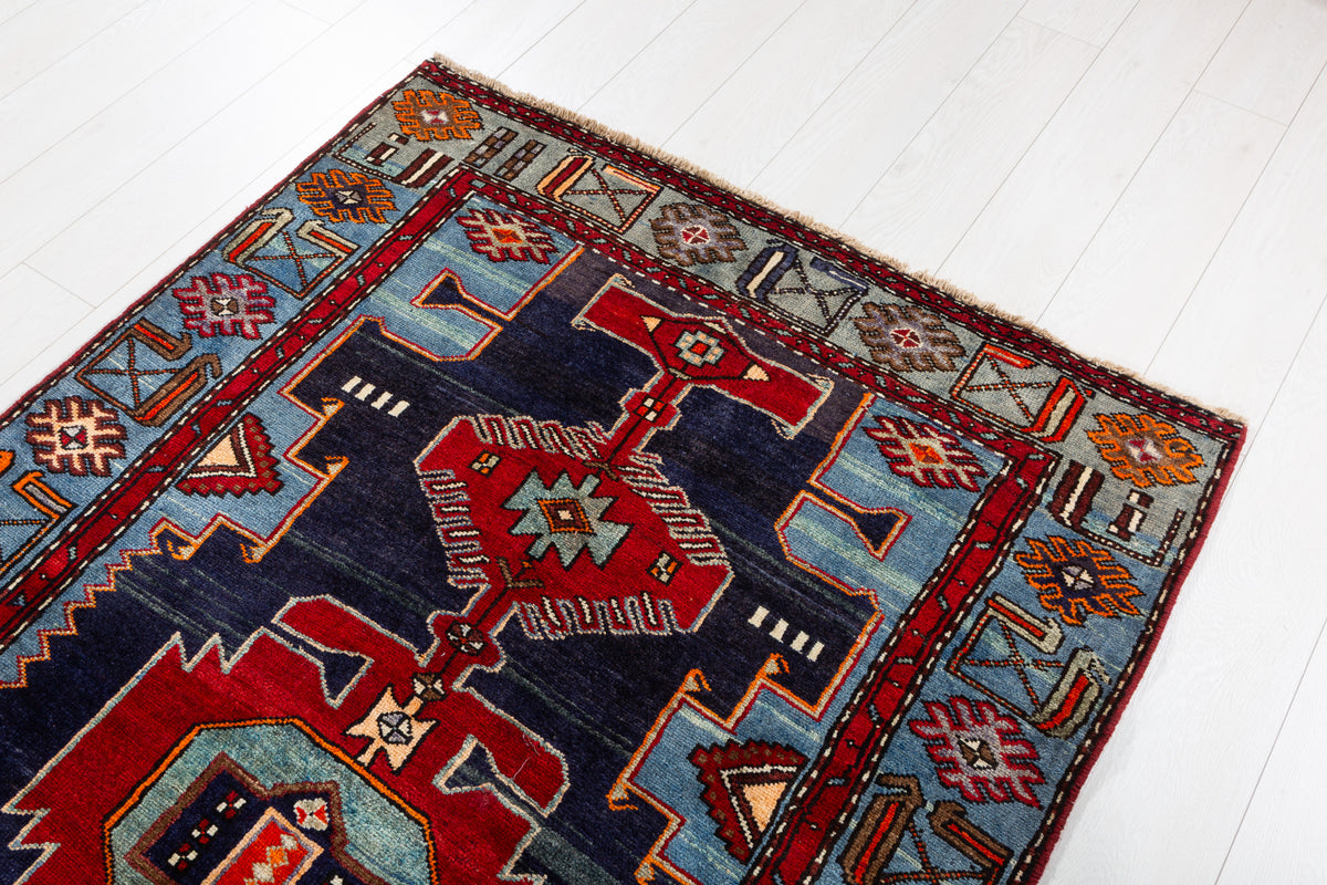 Collectible Vintage Red, Navy Blue Triple Medallion Area Rug – 7' 1" x 4' 2" (216 x 127 cm)