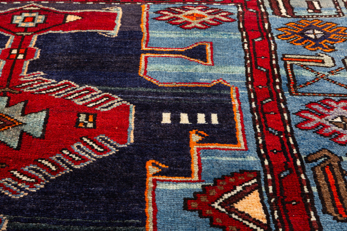 Collectible Vintage Red, Navy Blue Triple Medallion Area Rug – 7' 1" x 4' 2" (216 x 127 cm)