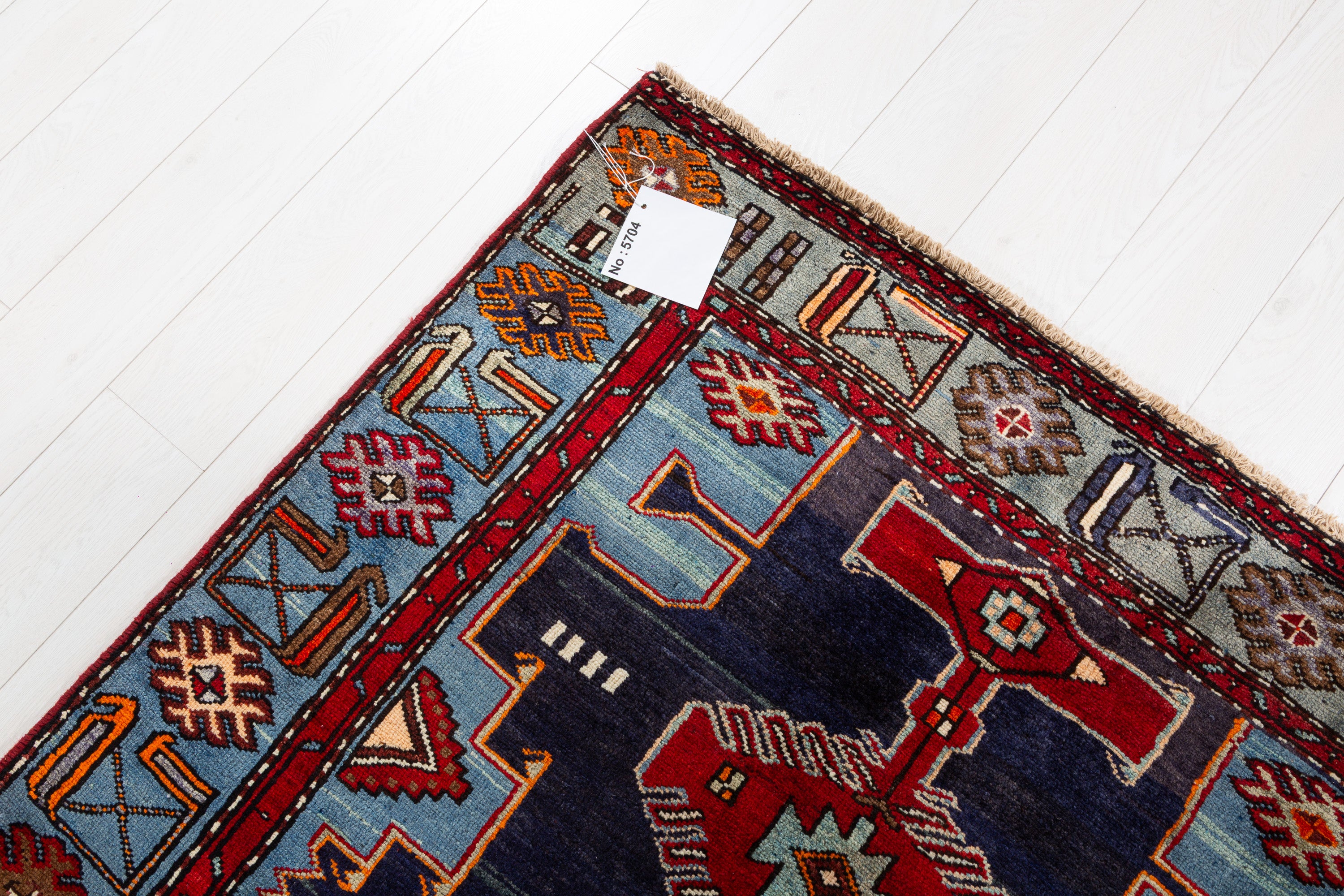 Collectible Vintage Red, Navy Blue Triple Medallion Area Rug – 7' 1" x 4' 2" (216 x 127 cm)