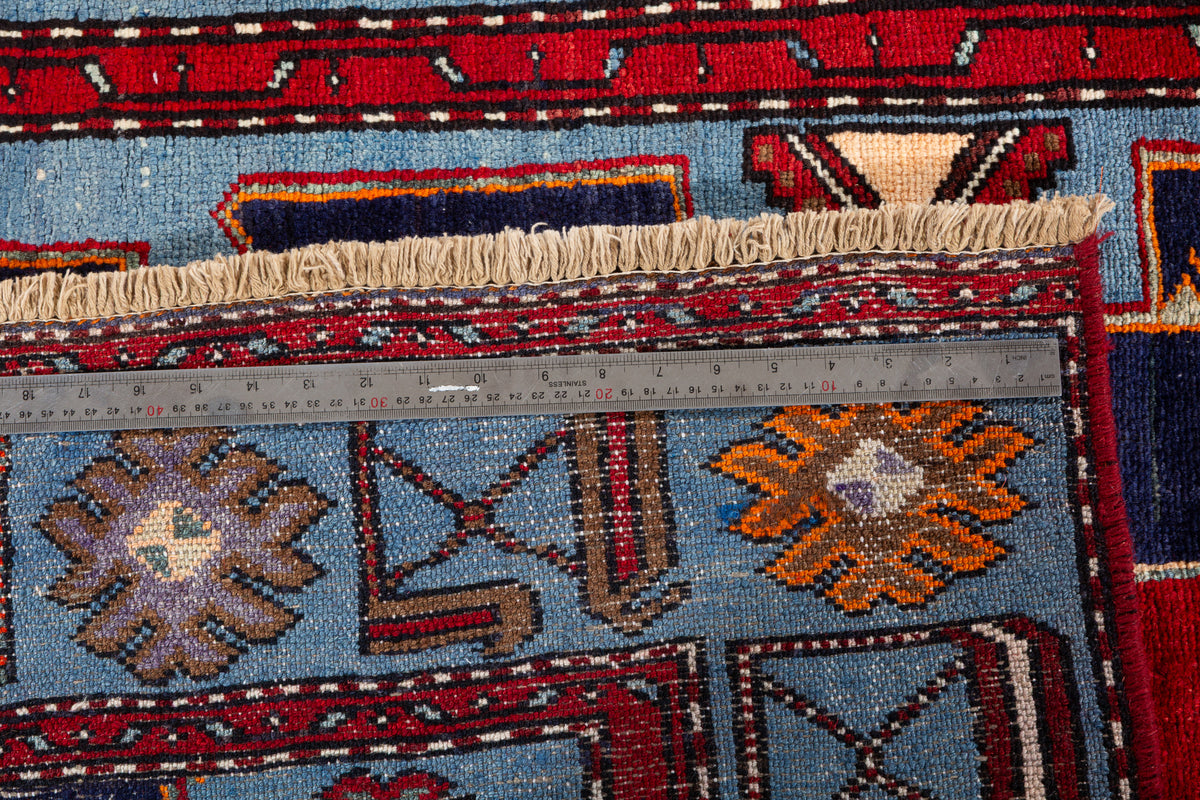Collectible Vintage Red, Navy Blue Triple Medallion Area Rug – 7' 1" x 4' 2" (216 x 127 cm)