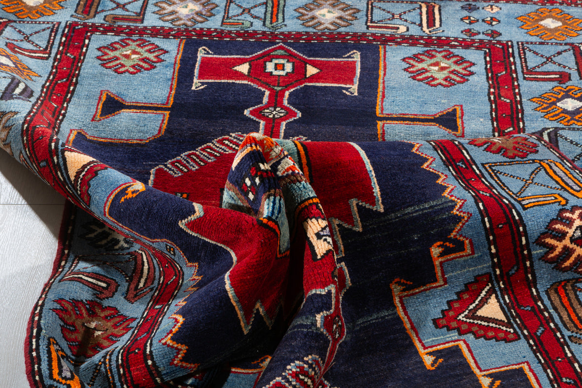 Collectible Vintage Red, Navy Blue Triple Medallion Area Rug – 7' 1" x 4' 2" (216 x 127 cm)