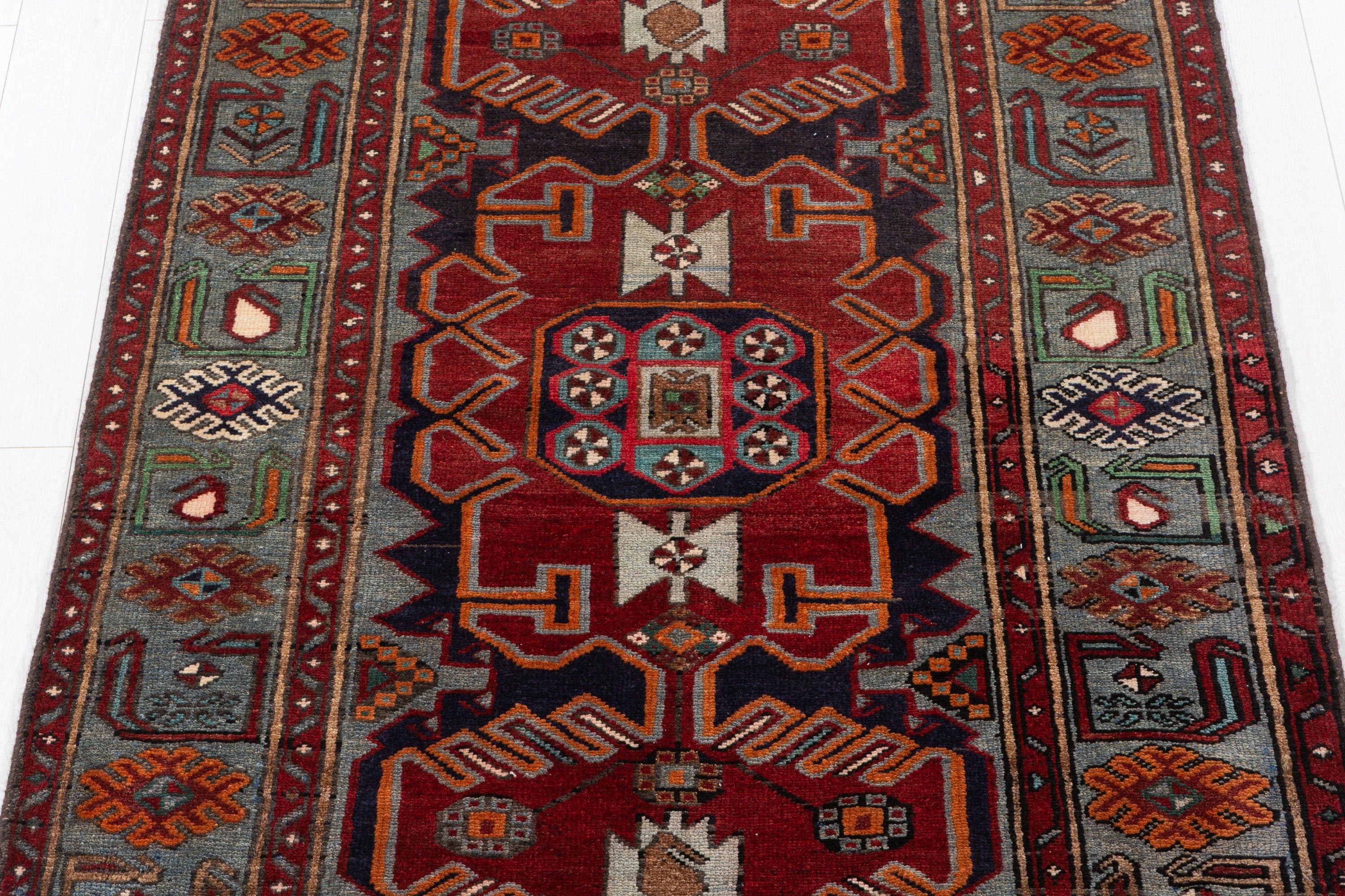 Collectible Vintage Red, Navy Blue Geometric Medallion Area Rug – 6' 10" x 3' 11" (209 x 120 cm)