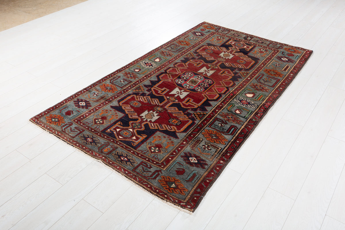 Collectible Vintage Red, Navy Blue Geometric Medallion Area Rug – 6' 10" x 3' 11" (209 x 120 cm)