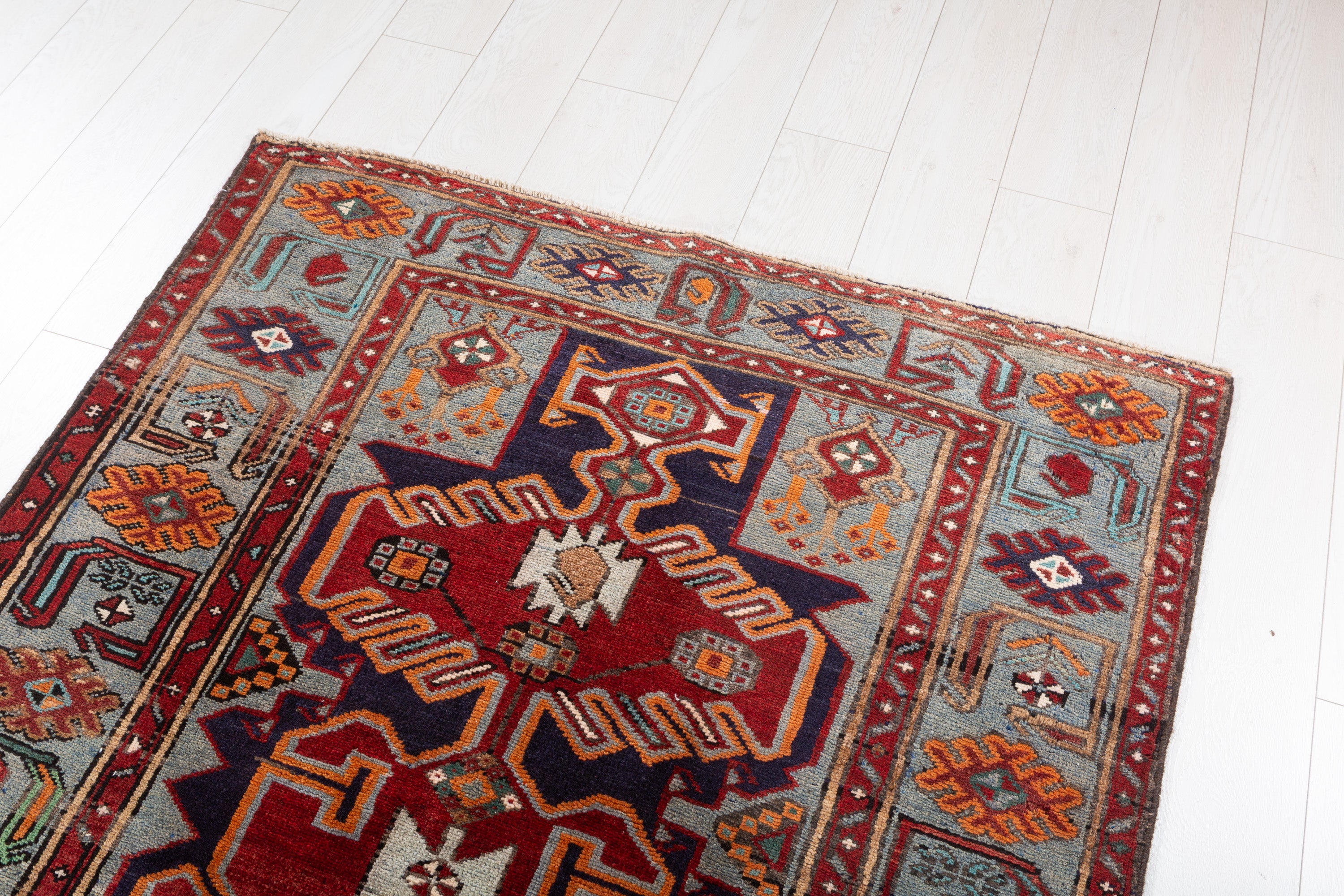 Collectible Vintage Red, Navy Blue Geometric Medallion Area Rug – 6' 10" x 3' 11" (209 x 120 cm)
