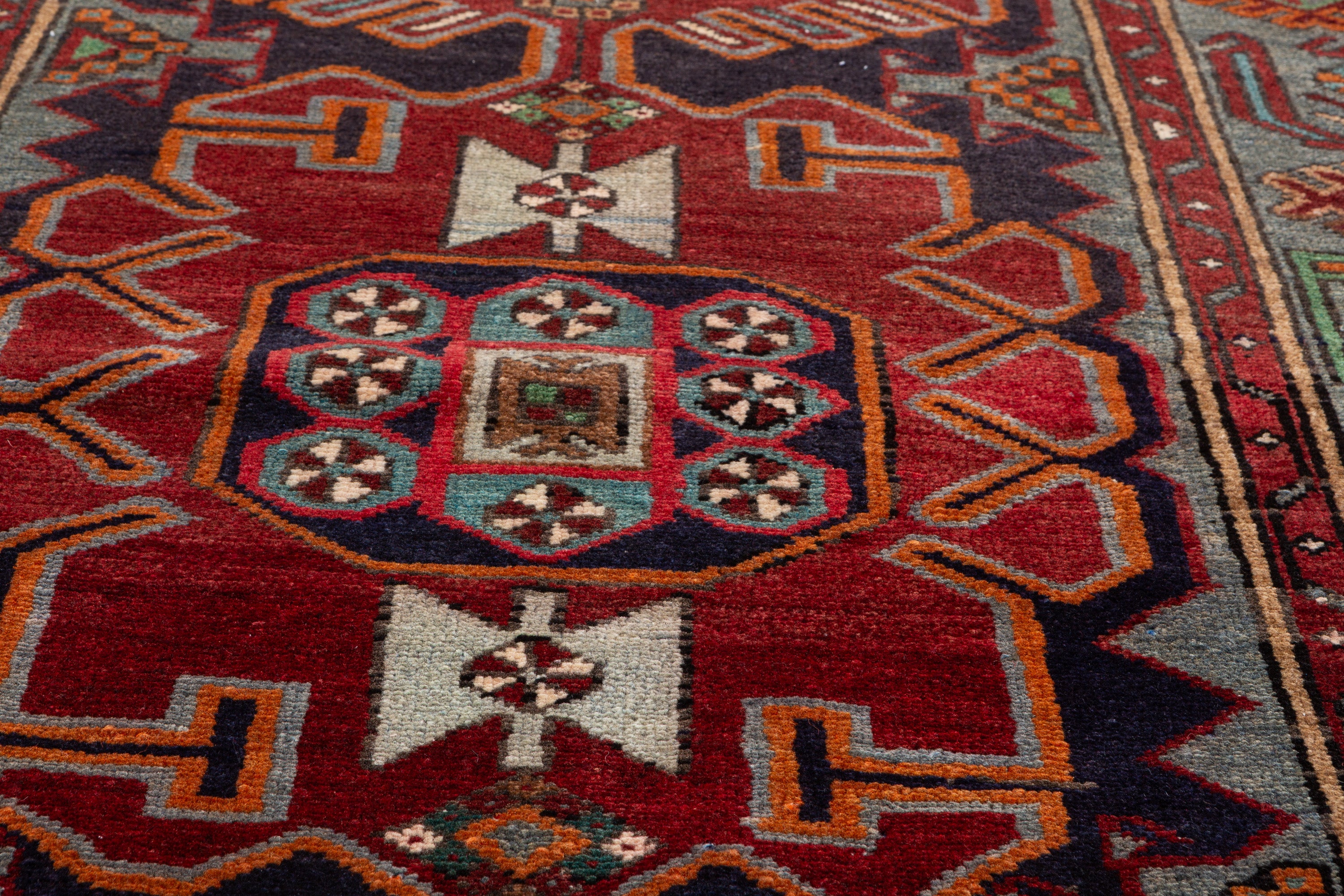 Collectible Vintage Red, Navy Blue Geometric Medallion Area Rug – 6' 10" x 3' 11" (209 x 120 cm)