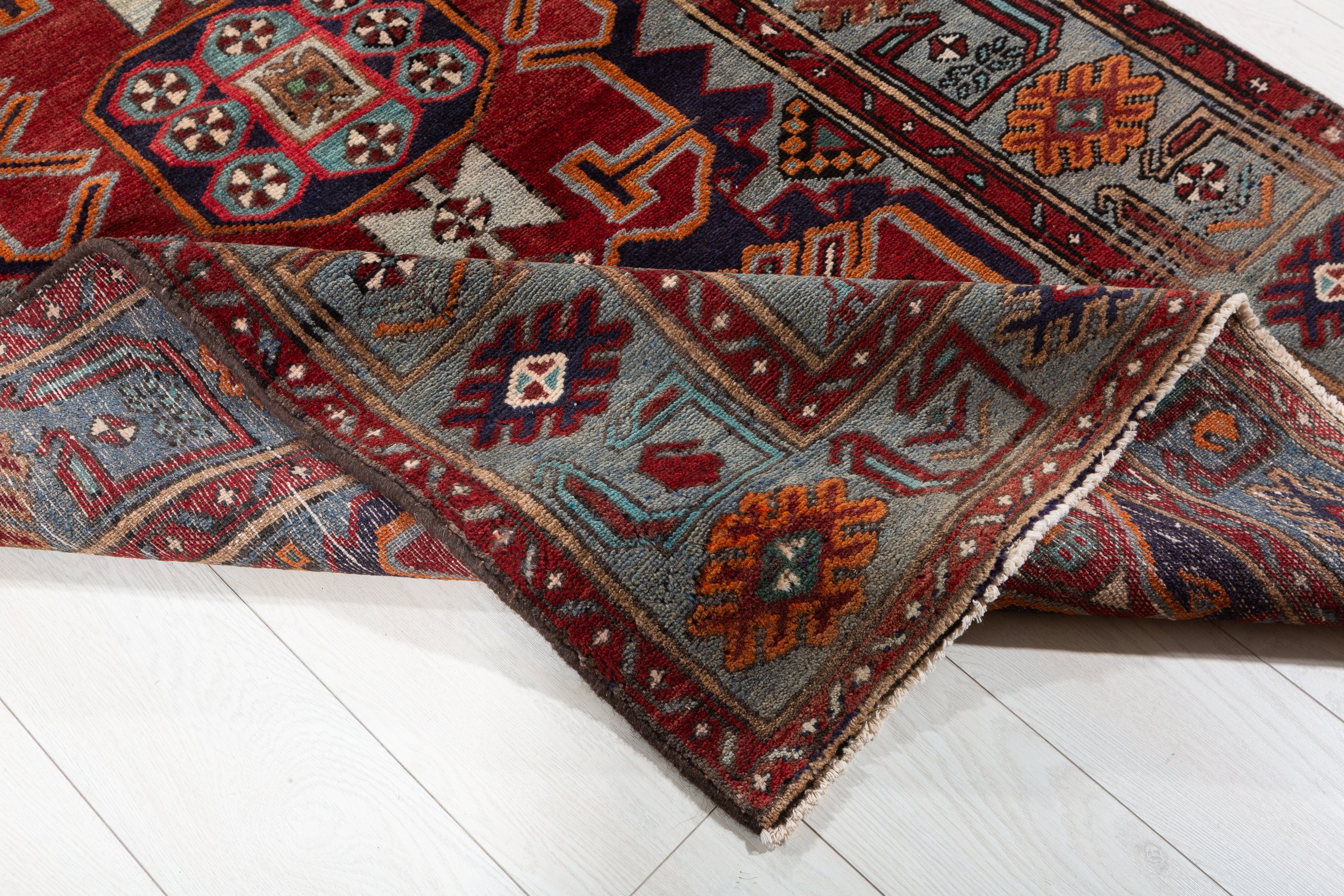 Collectible Vintage Red, Navy Blue Geometric Medallion Area Rug – 6' 10" x 3' 11" (209 x 120 cm)