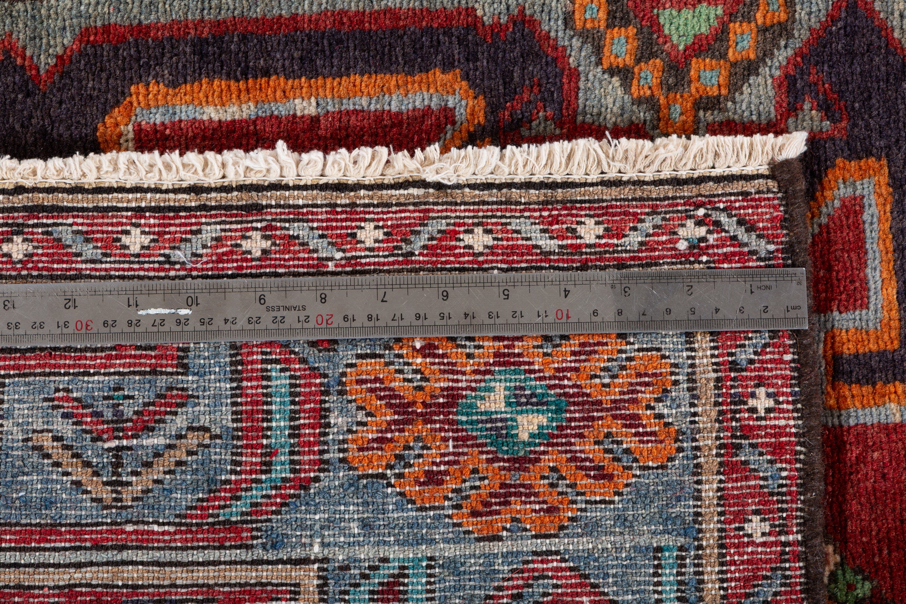 Collectible Vintage Red, Navy Blue Geometric Medallion Area Rug – 6' 10" x 3' 11" (209 x 120 cm)
