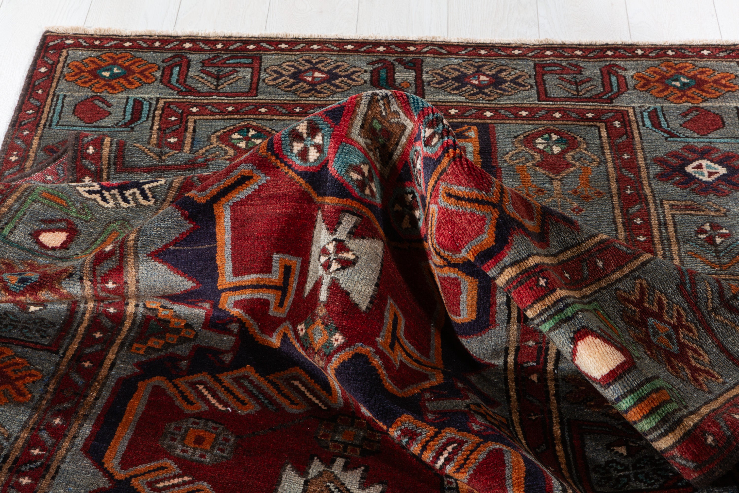 Collectible Vintage Red, Navy Blue Geometric Medallion Area Rug – 6' 10" x 3' 11" (209 x 120 cm)