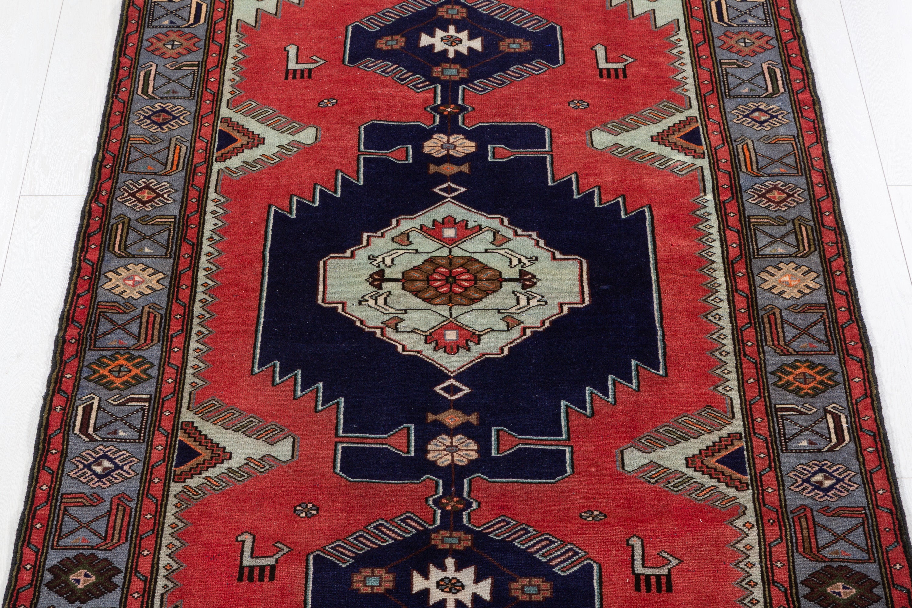 Collectible Vintage Coral, Navy Blue Triple Medallion Area Rug – 7' 0" x 4' 2" (213 x 126 cm)