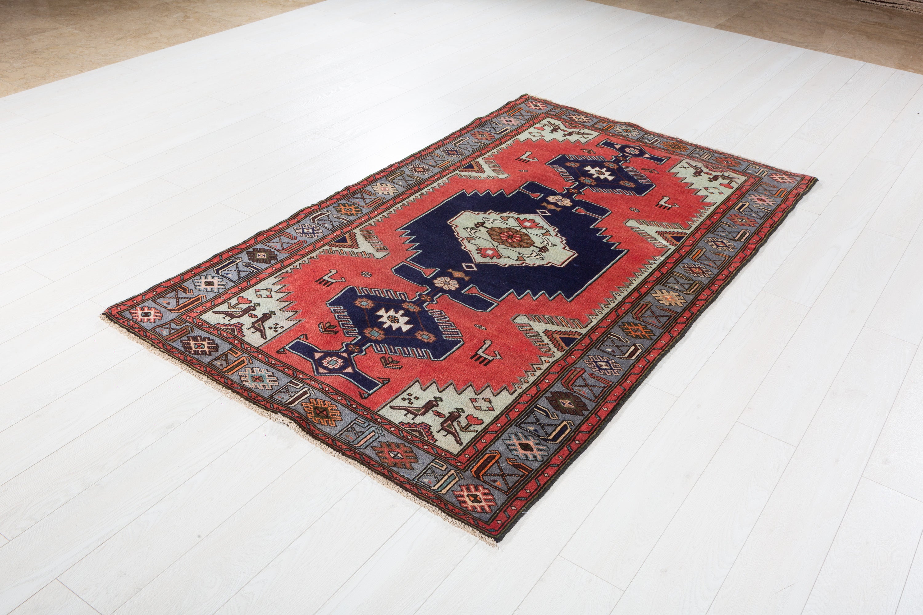 Collectible Vintage Coral, Navy Blue Triple Medallion Area Rug – 7' 0" x 4' 2" (213 x 126 cm)