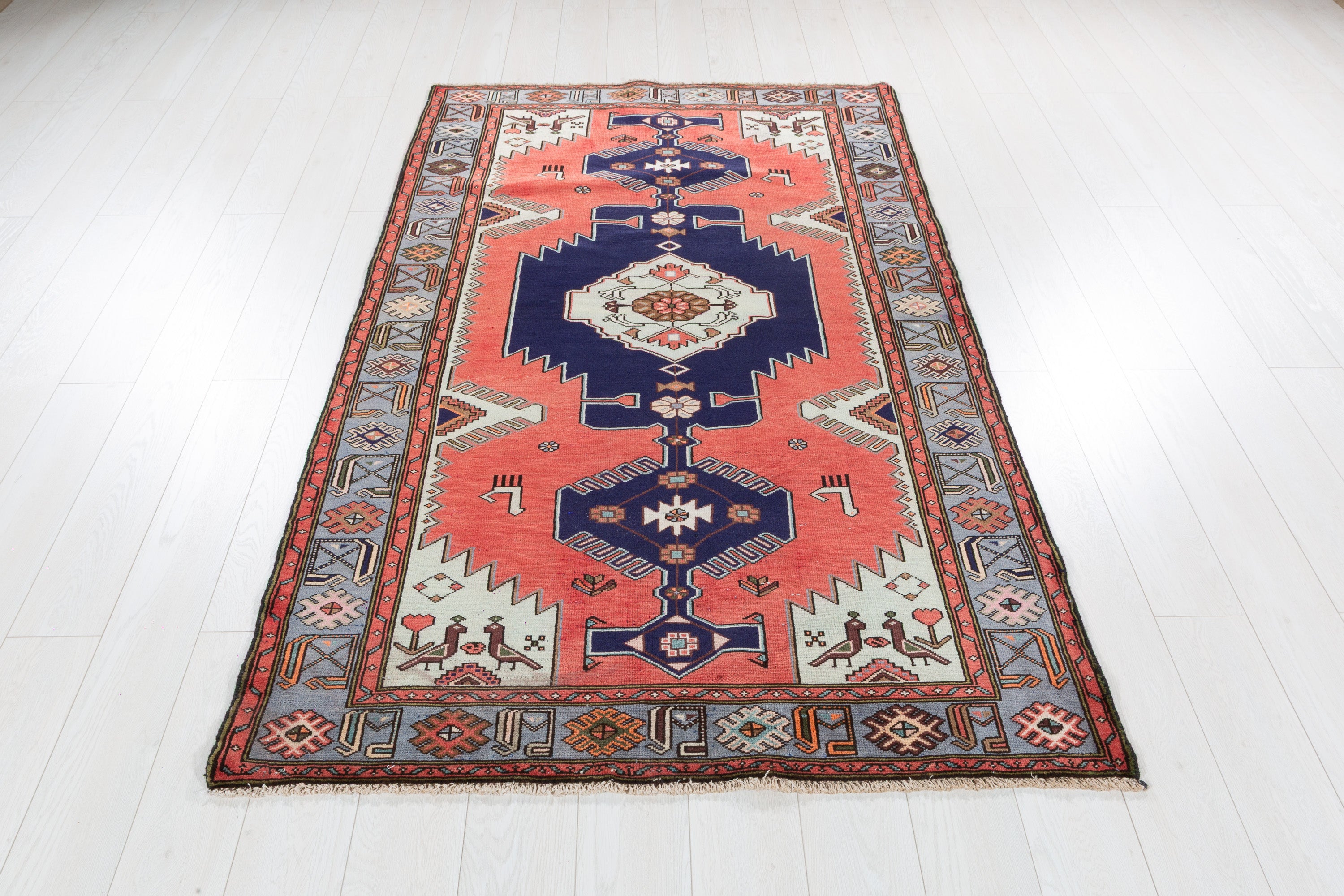 Collectible Vintage Coral, Navy Blue Triple Medallion Area Rug – 7' 0" x 4' 2" (213 x 126 cm)