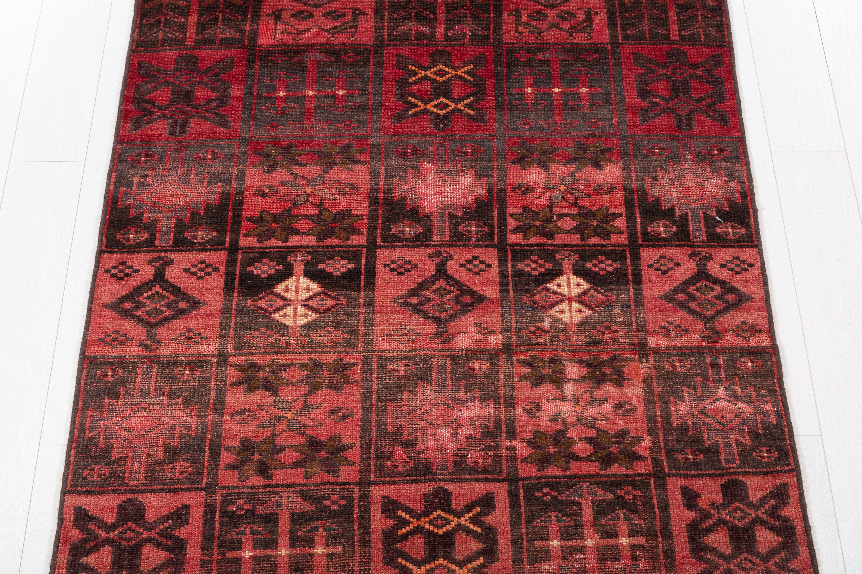 Collectible Vintage Faded Pinkish Red Compartment Design Area Rug – 6' 6" x 4' 0" (197 x 121 cm)